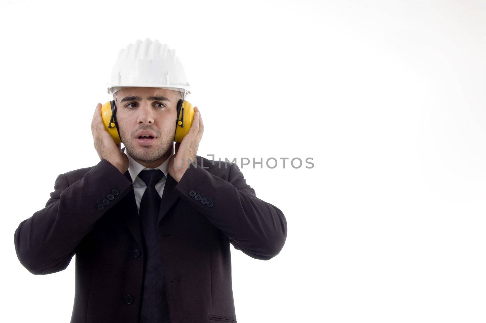 architect with safety equipments on an isolated white background