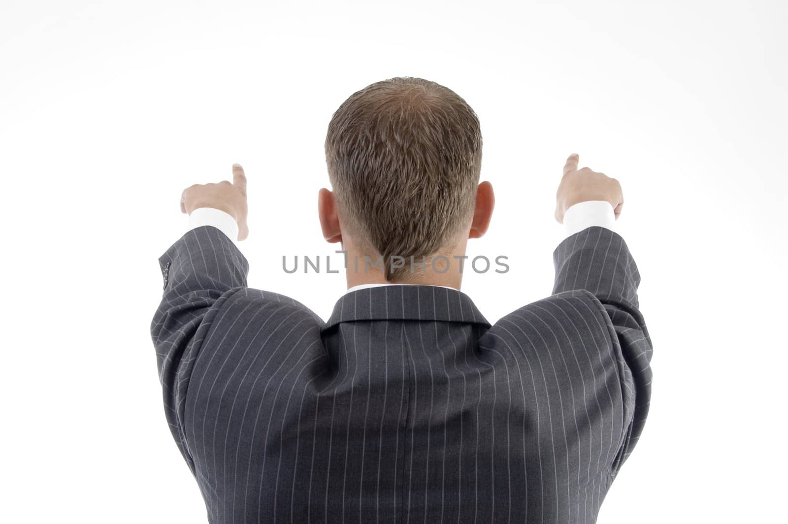 young businessman pointing back side with white background