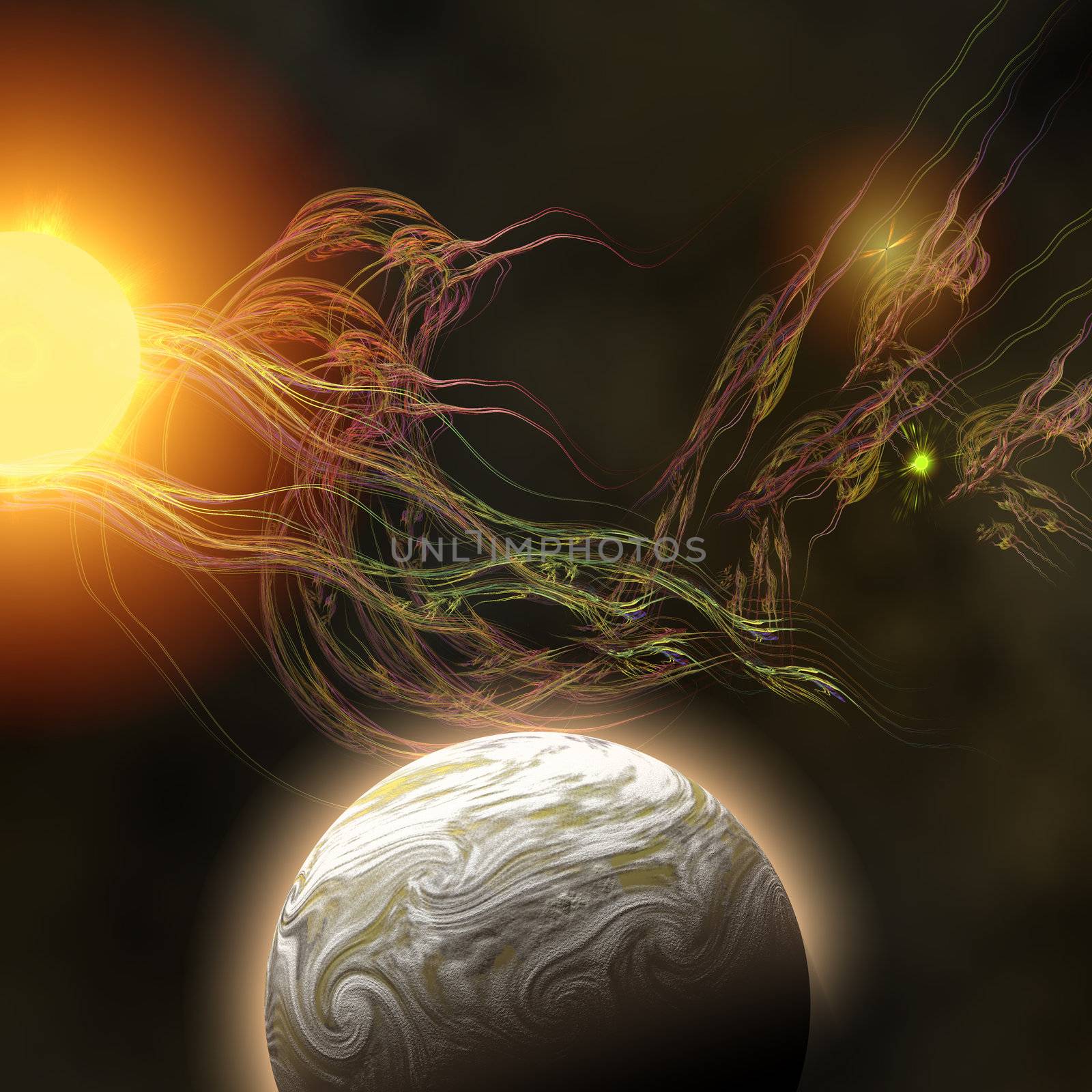 A huge sun radiates solar flares toward a nearby planet.