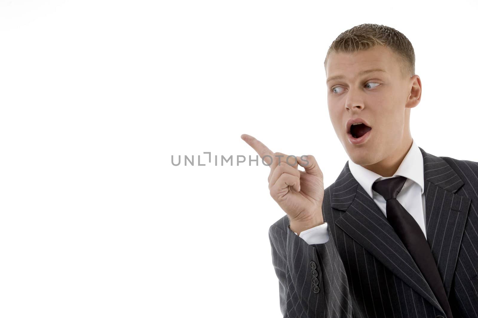 adult boss looking sideways on an isolated white background