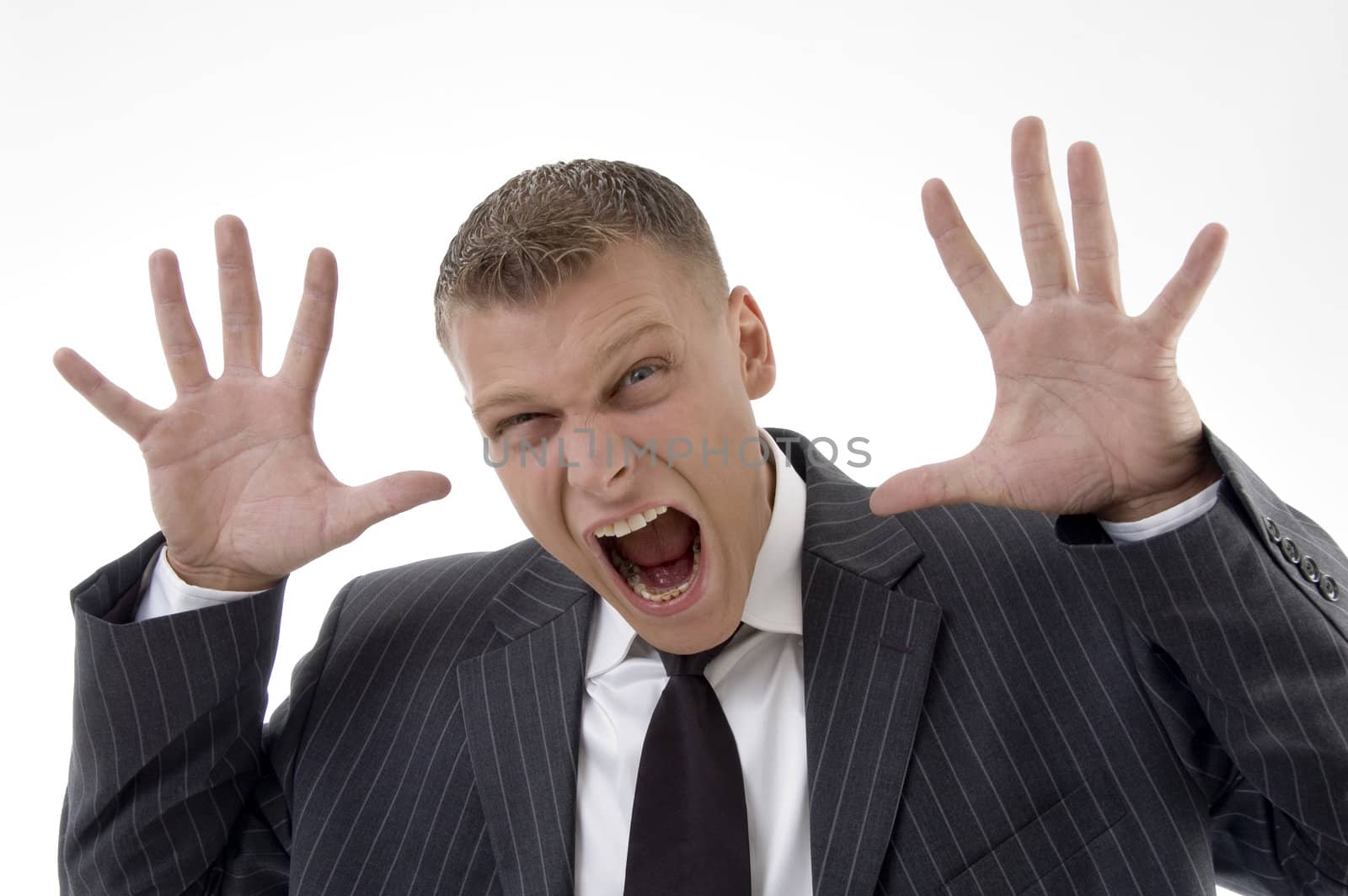 close up of shouting adult lawyer against white background