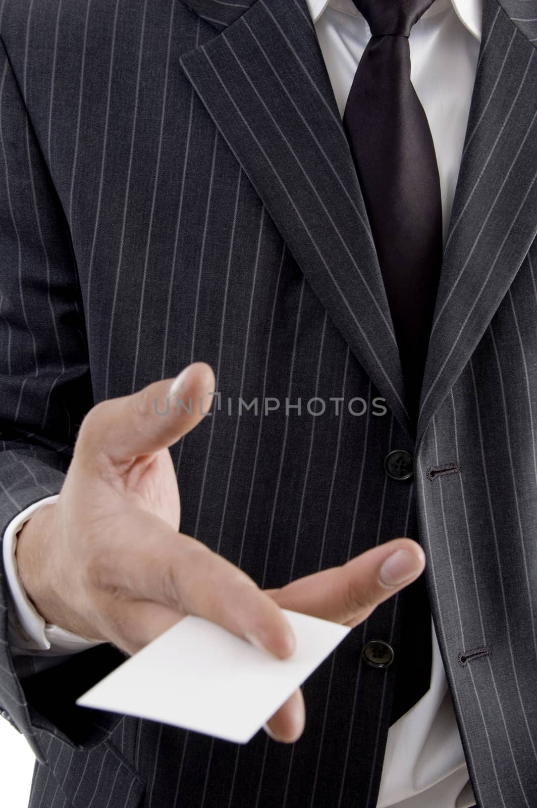 business card in man's hand on an isolated white background