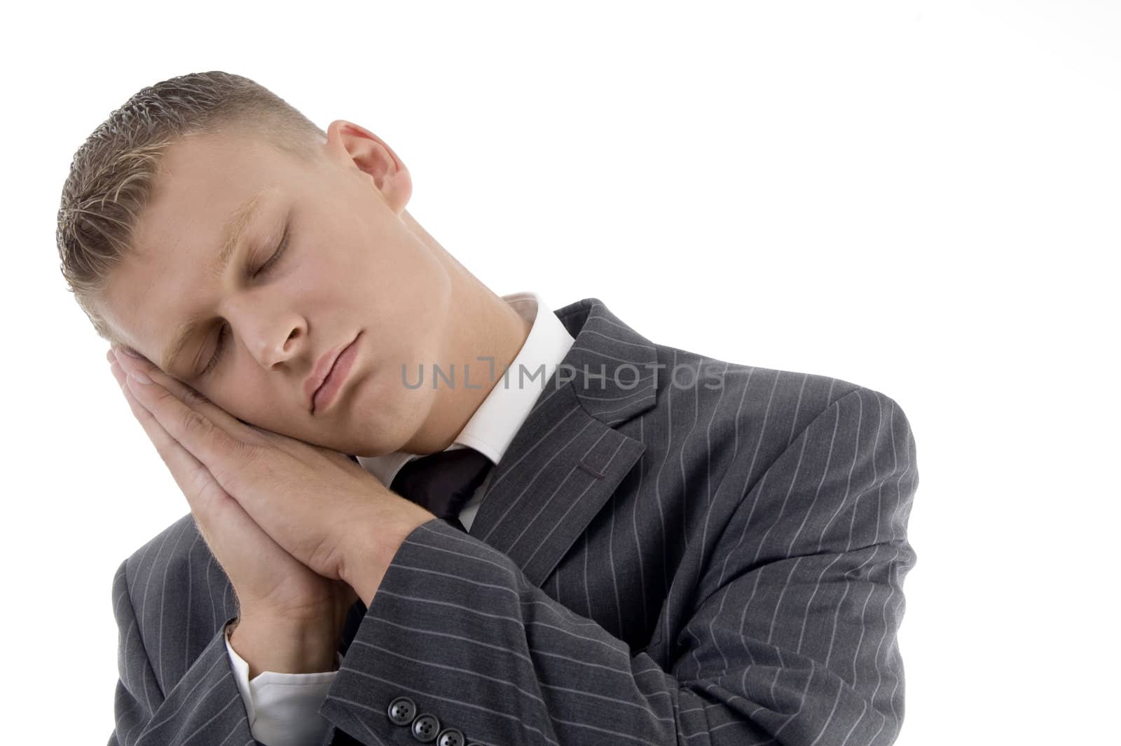 portrait of sleeping professional on an isolated white background