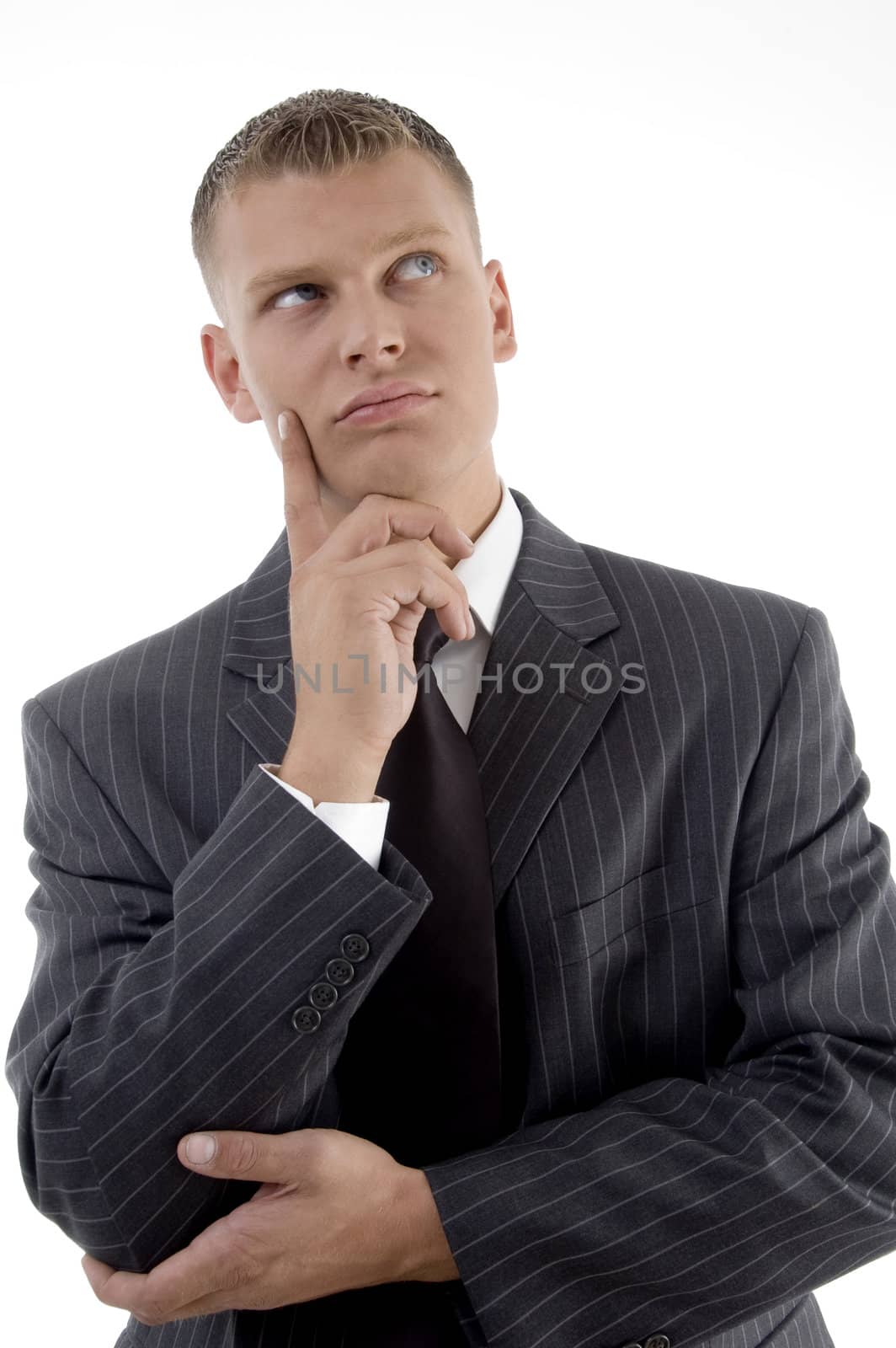 thinking businessman looking upward with white background