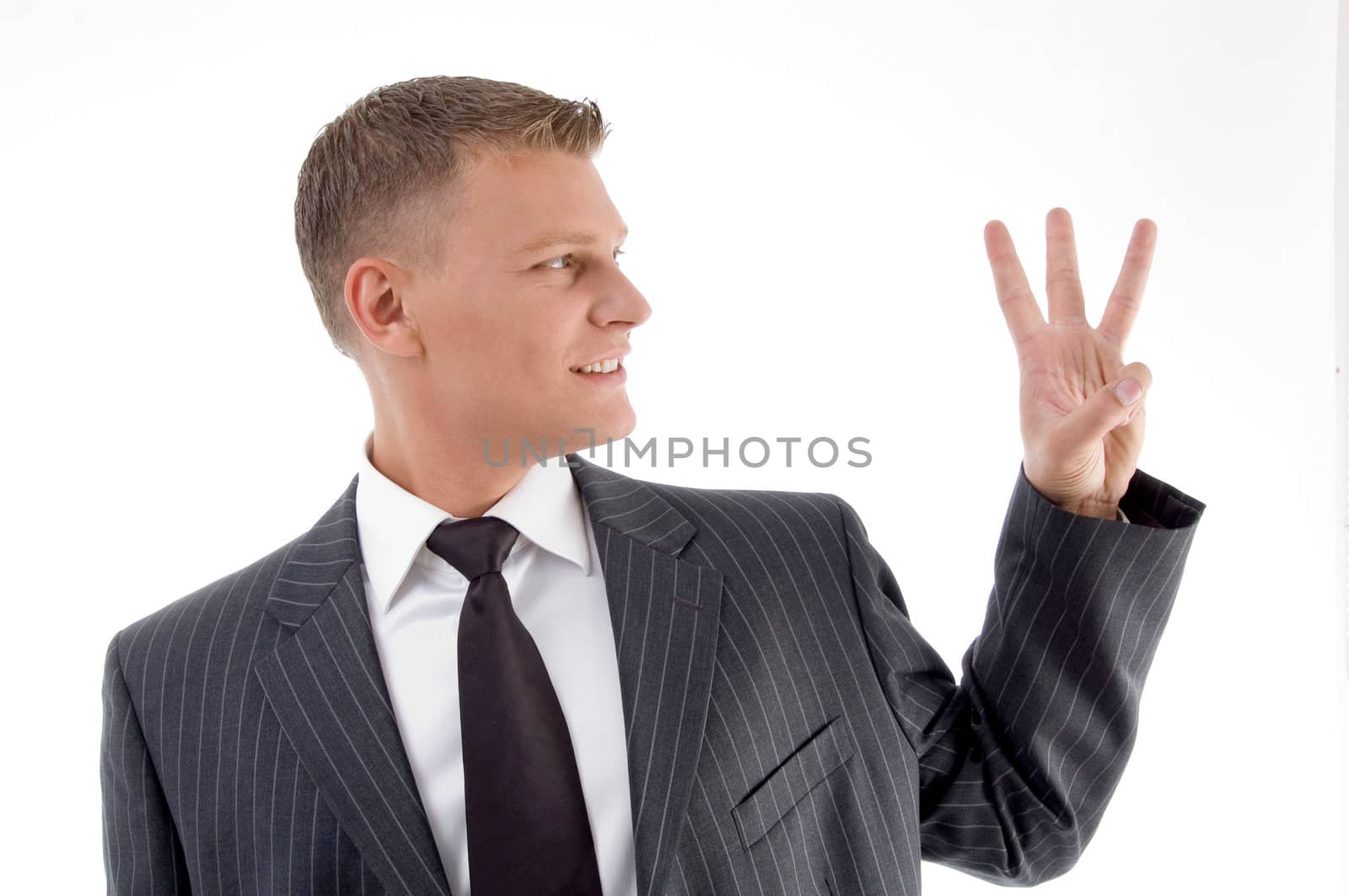 happy businessman counting fingers with white background