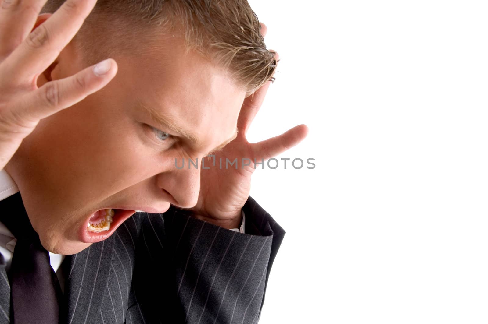 portrait of yelling businessman with white background