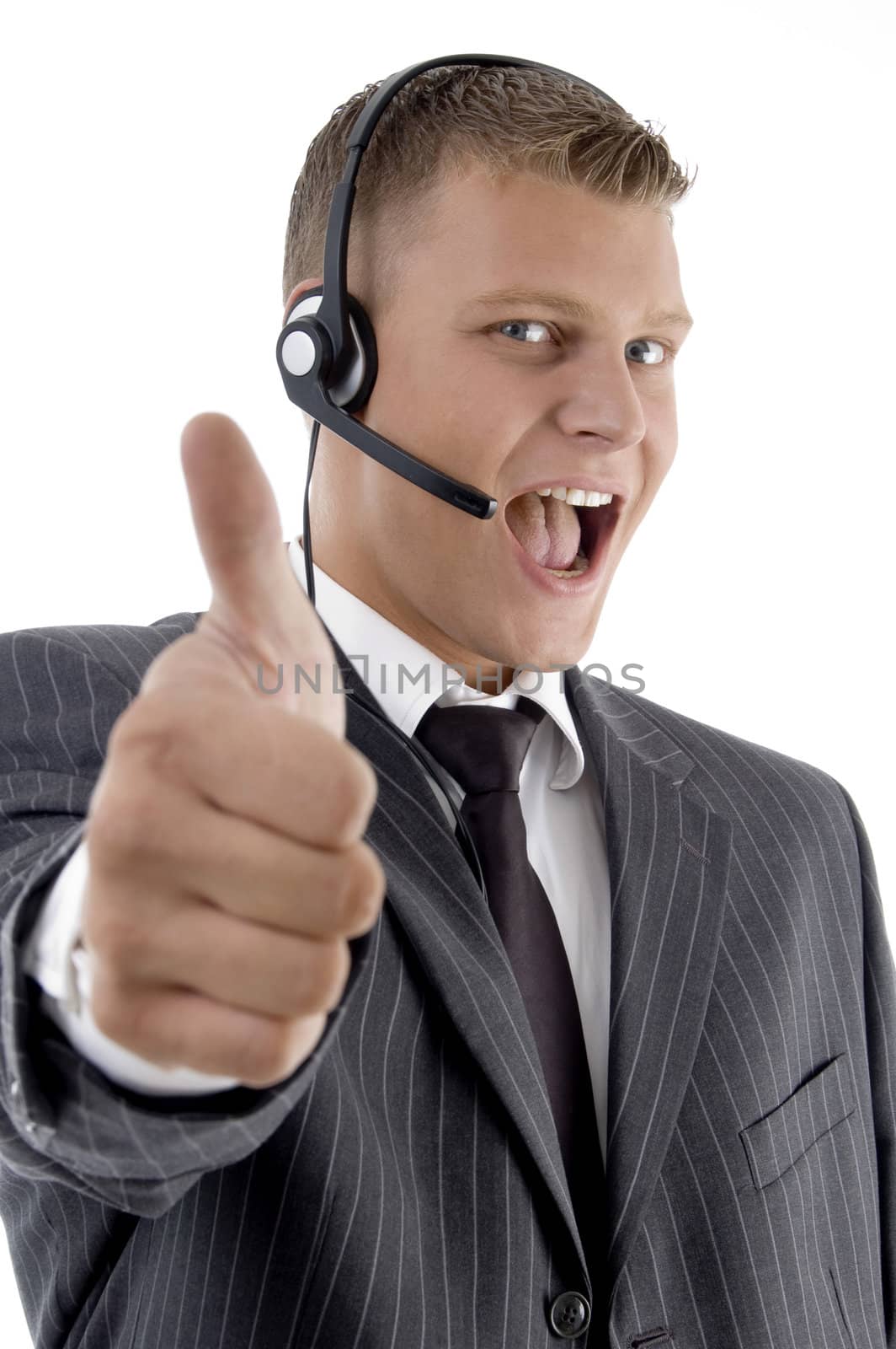 young businessman showing thumbs up with white background