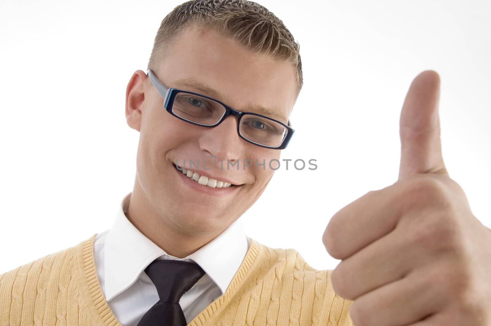 young student with thumbs upon an isolated white background