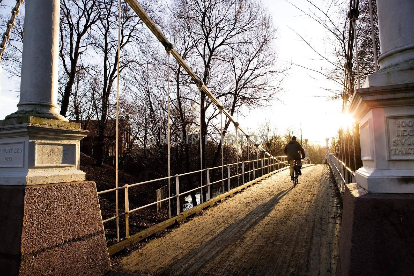 A beautiful day with the sun shinning into the camera over a suspension bridge.