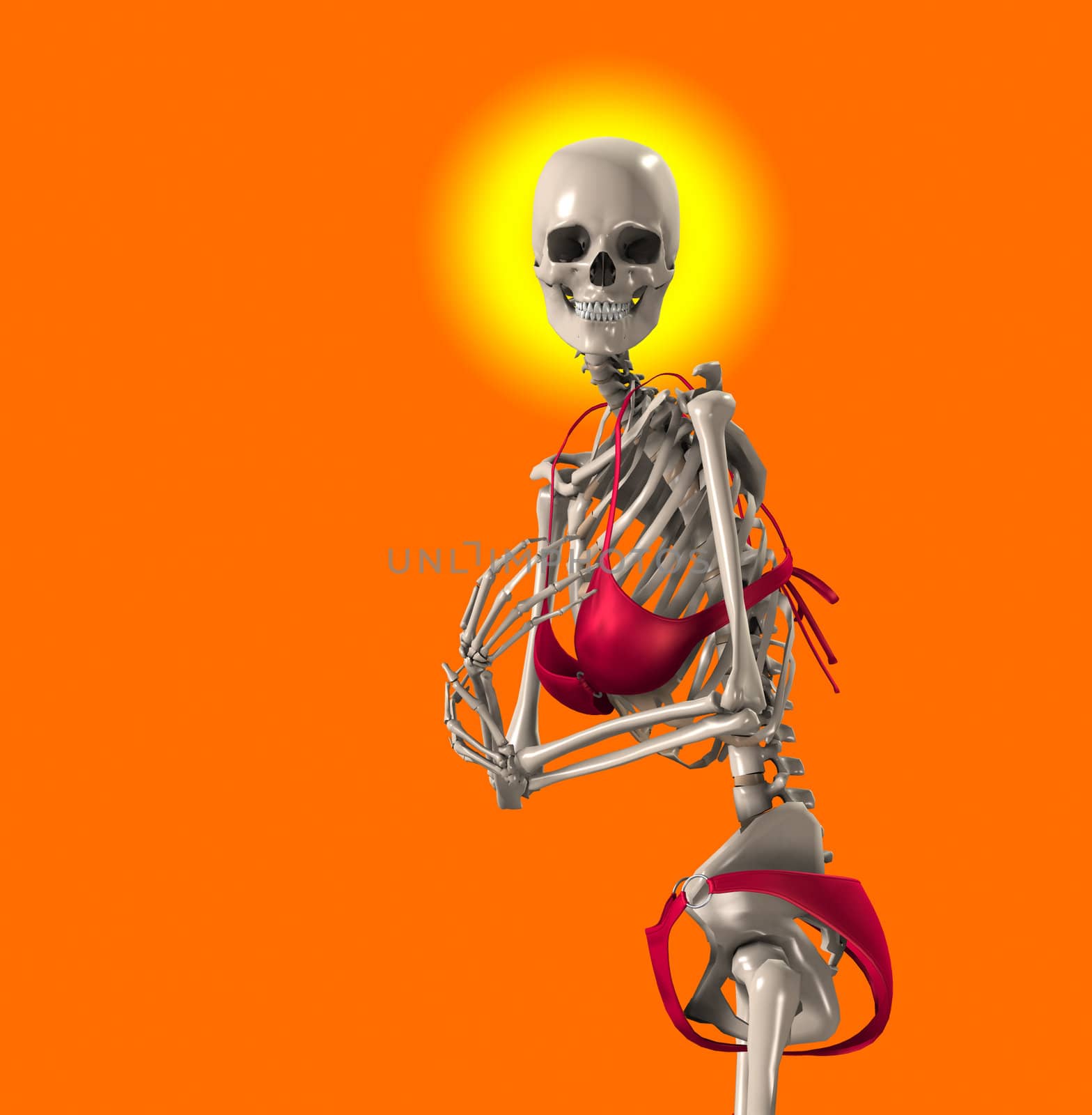 A humorous image of a skeleton in a Bikini.