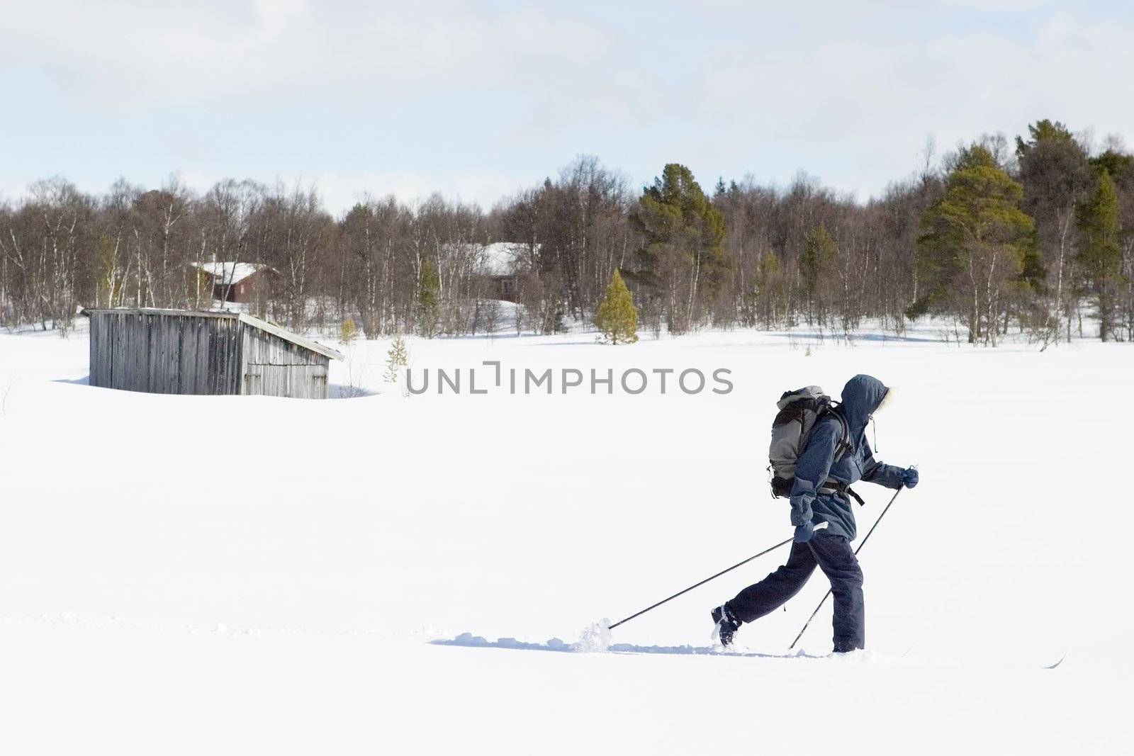 A skier with a large backpack on a wintery snow filled landscape.