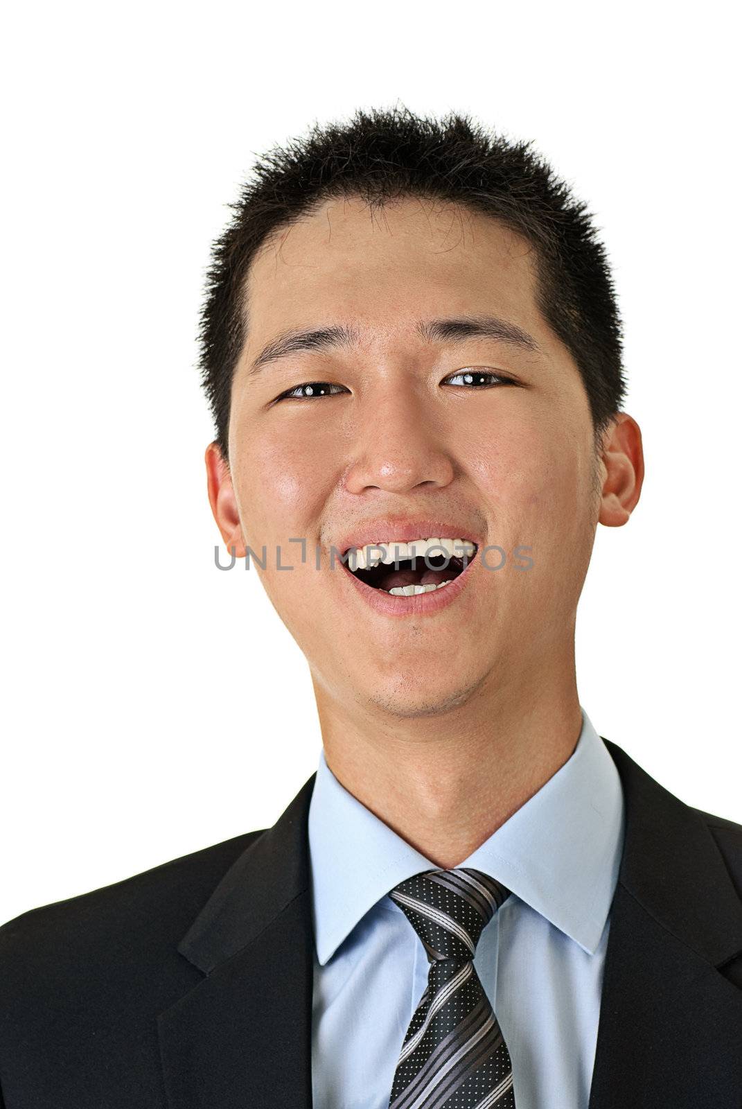 Closeup portrait of Asian smiling young business man against white.