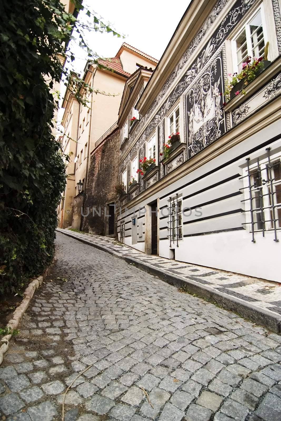 A small skinny street detail in the old town area of Prague, Czech Republic.