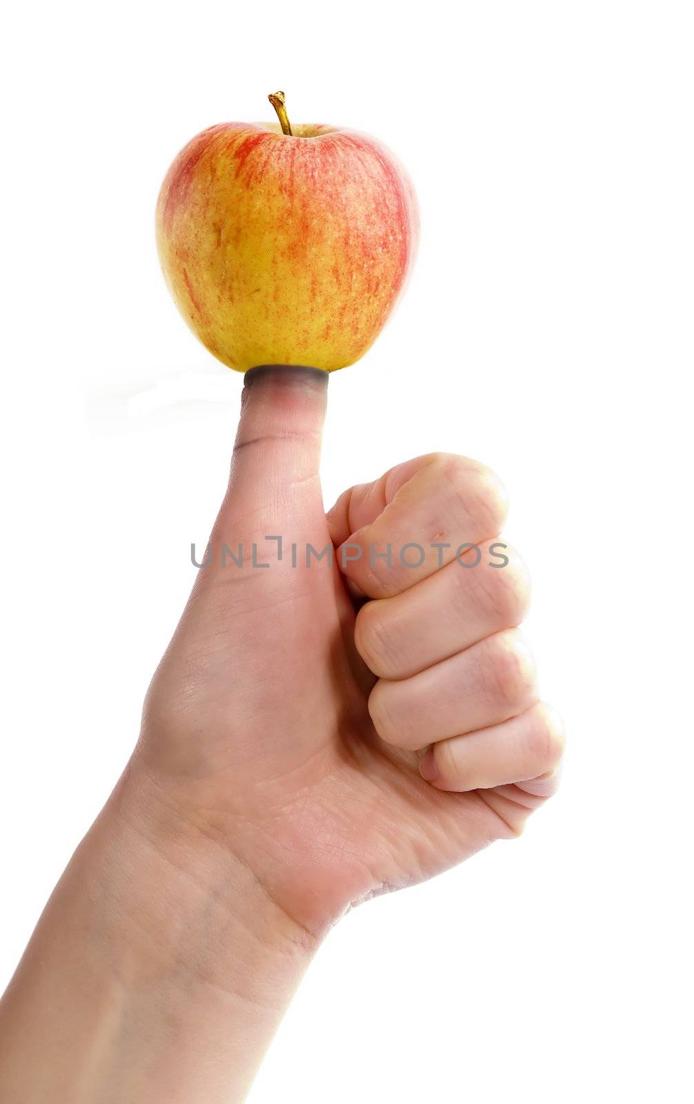 An apple on a thumb, healthy eating concept image.