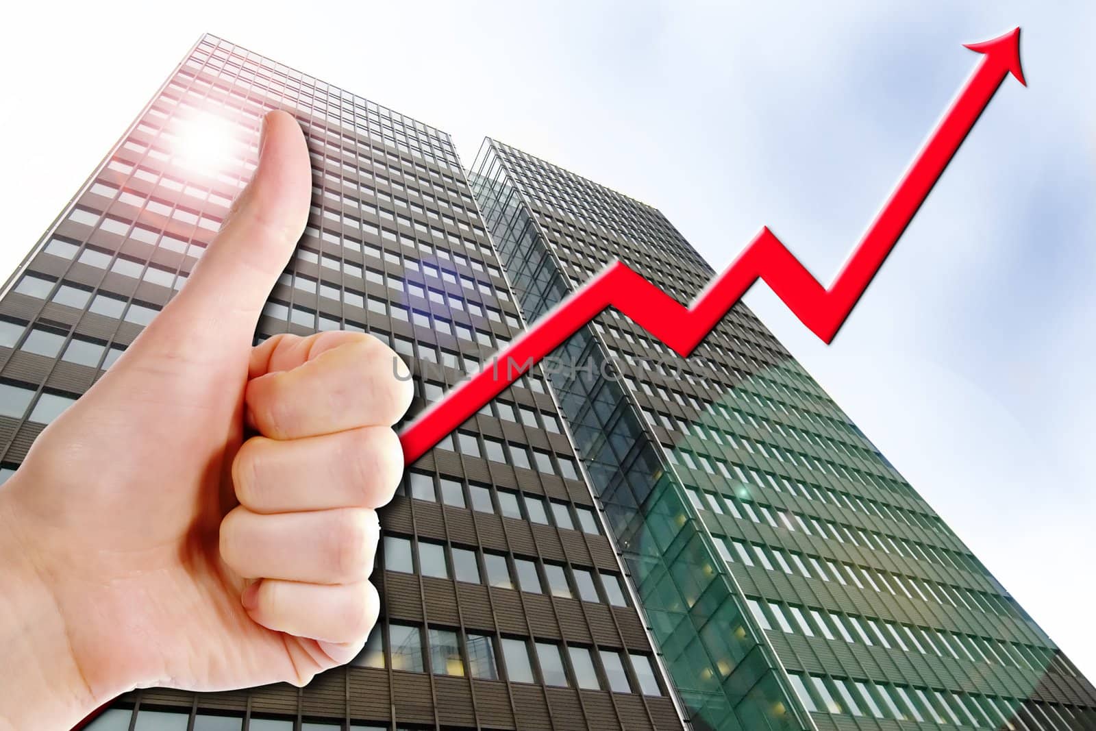 A thumbs up with a graph line going up and up. A tall business building in the background with a lens flare.  Success in Business.