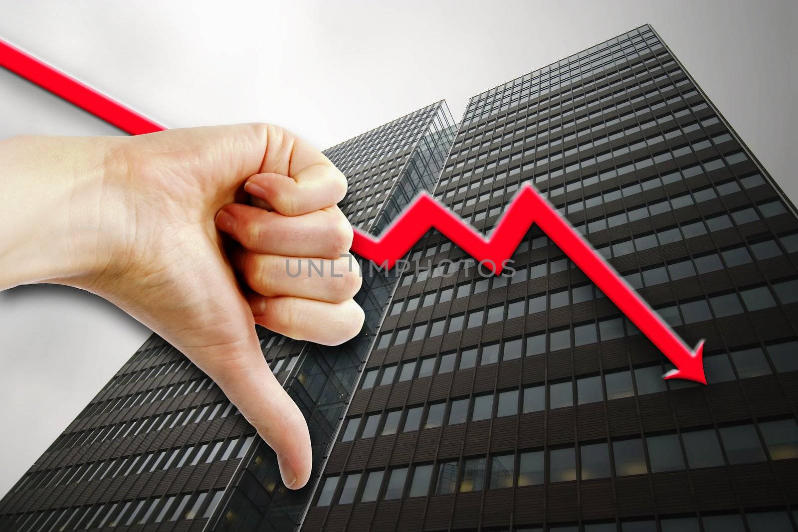 A thumbs down sign with a tall building in the background an a graph pointing down.