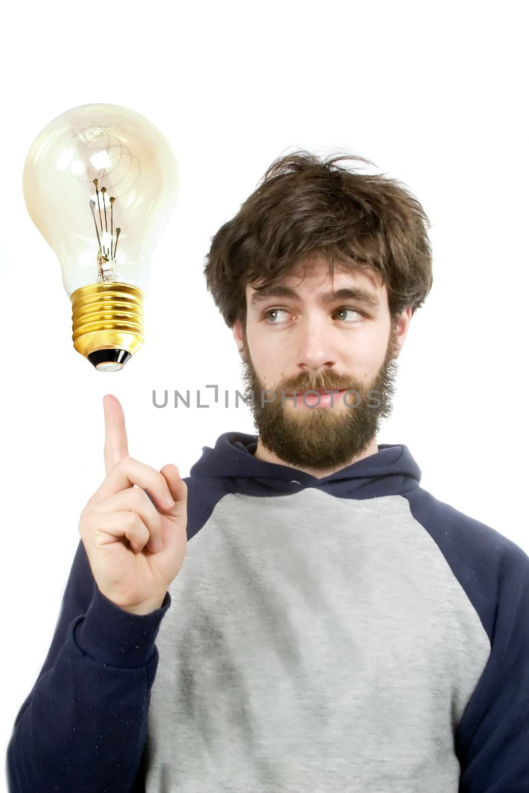 A young humorous bearded male, with a good idea.