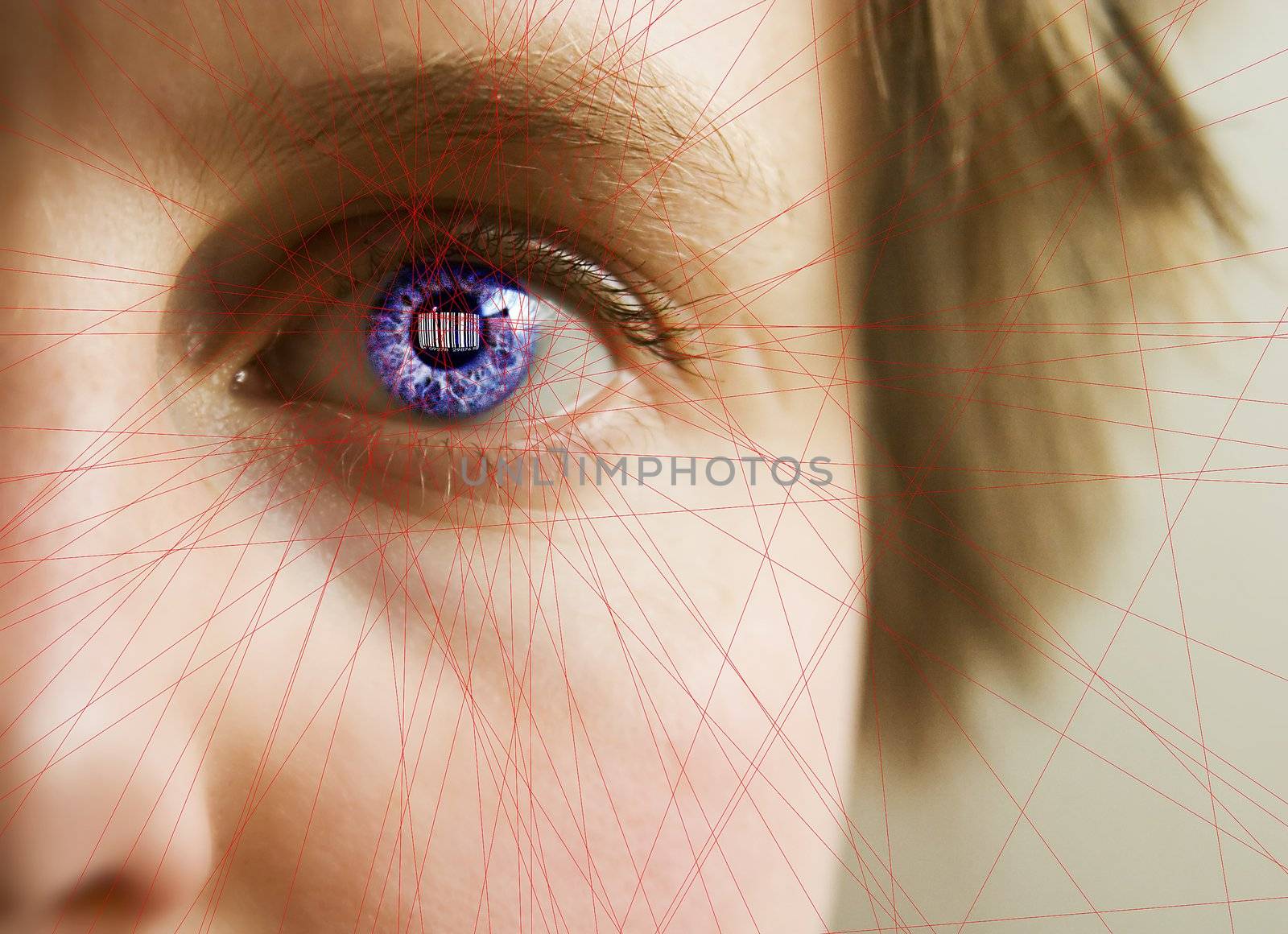Red laser lines scanning the face and retina of a woman.  The iris is overlayed with a bar code.  Security, big brother, privacy concept image.