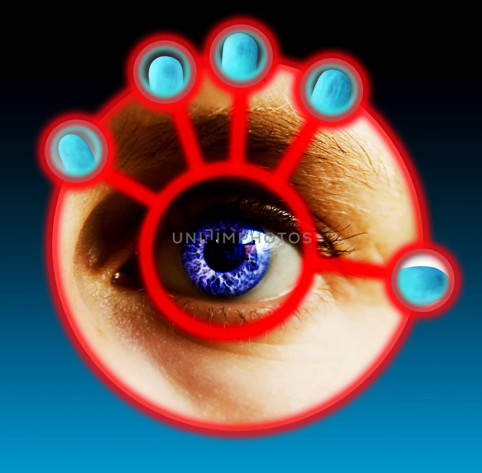 Fingers being scanned for their fingerprints and eye scan. Security concept image.