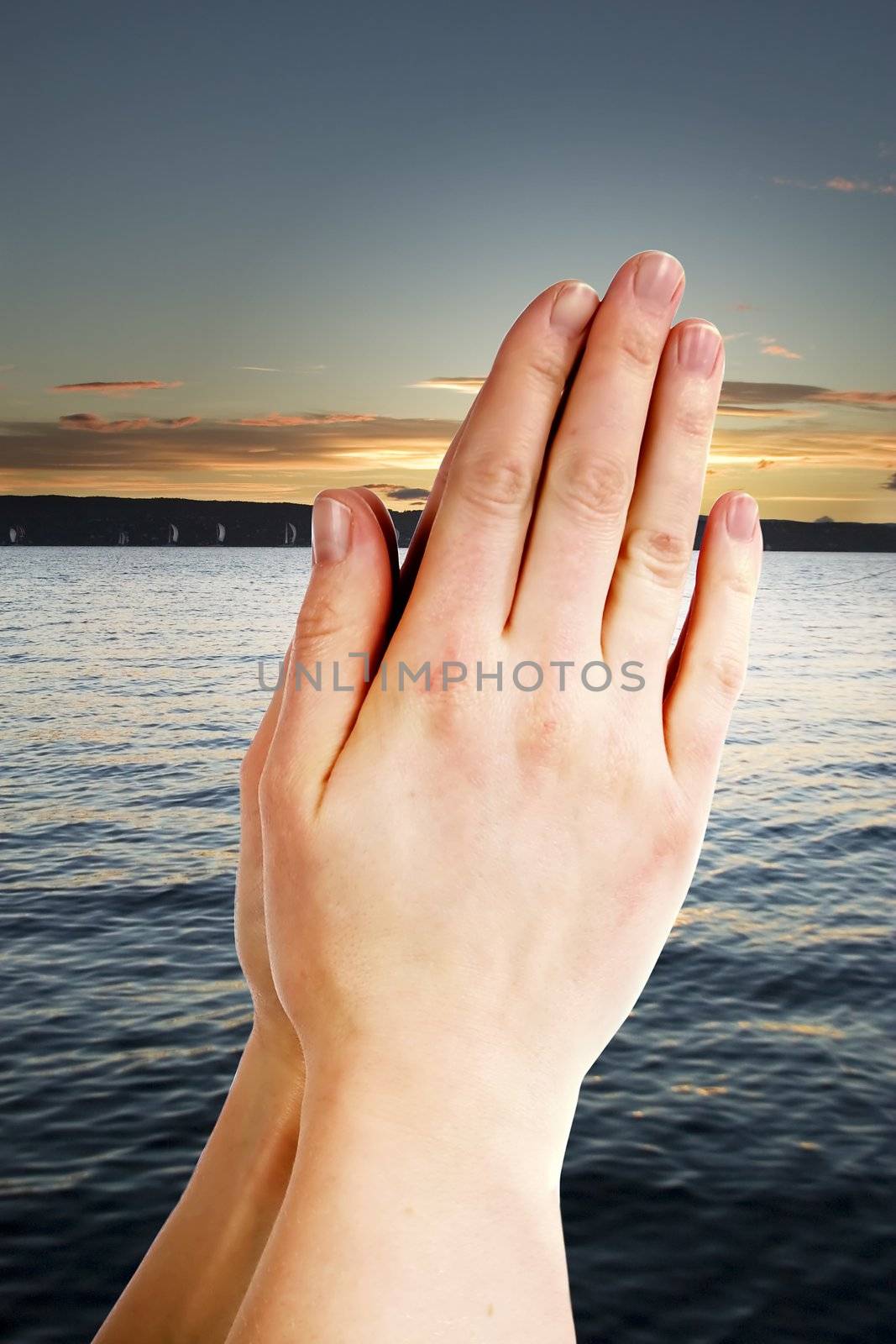 Praying hands with a landscape with the ocean and a sunset in the background