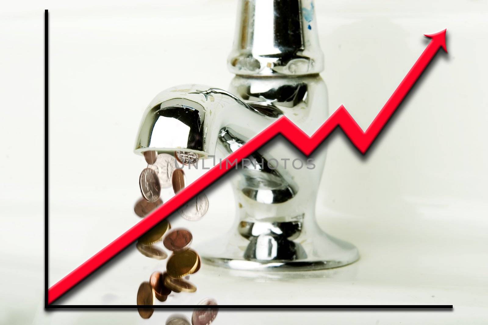 Money flowing out of a retro bathroom tap with a graph going up overlayed