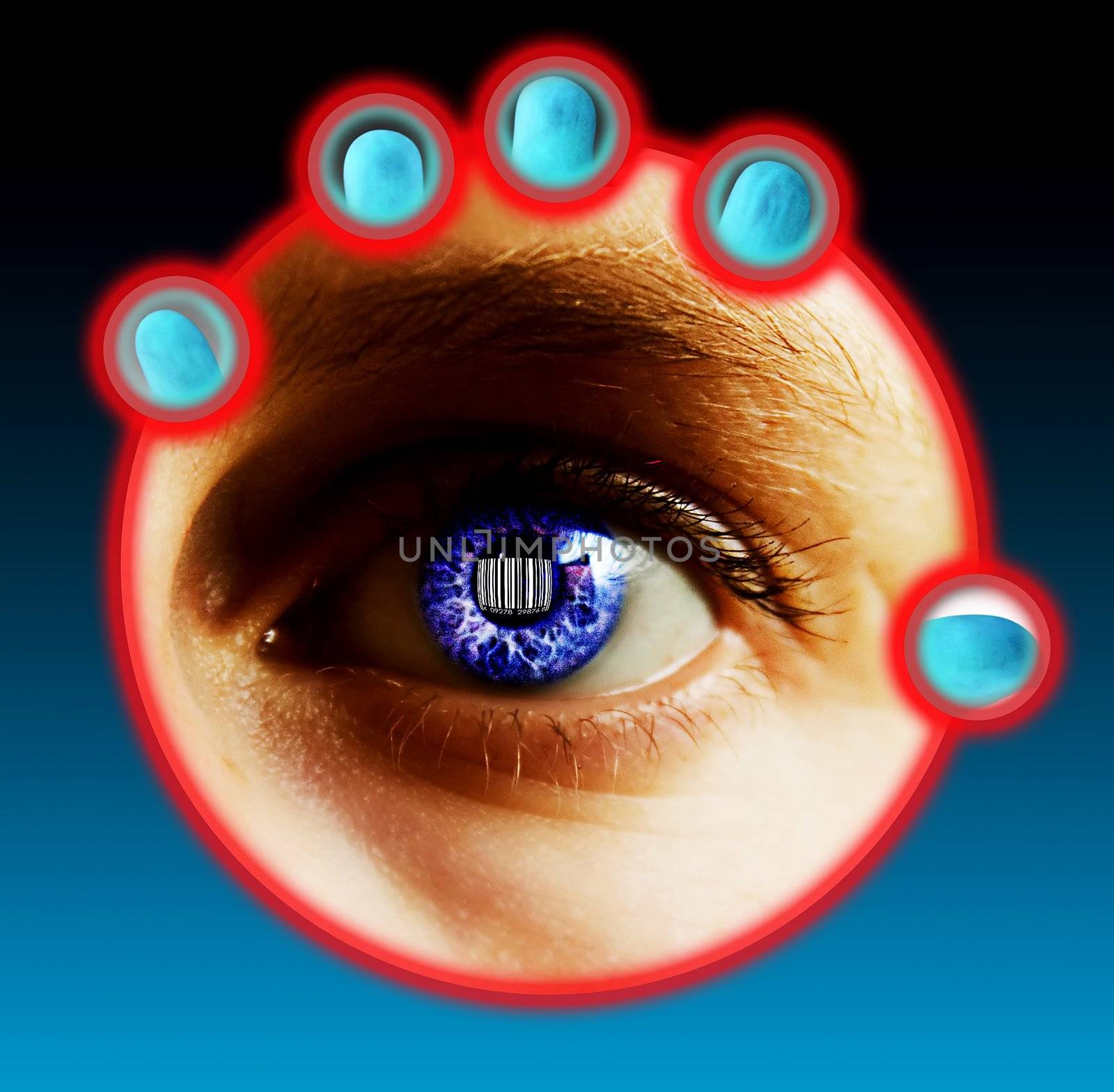 Fingers being scanned for their fingerprints and eye scan while a bar code is located in the pupil of the eye. Security concept image.