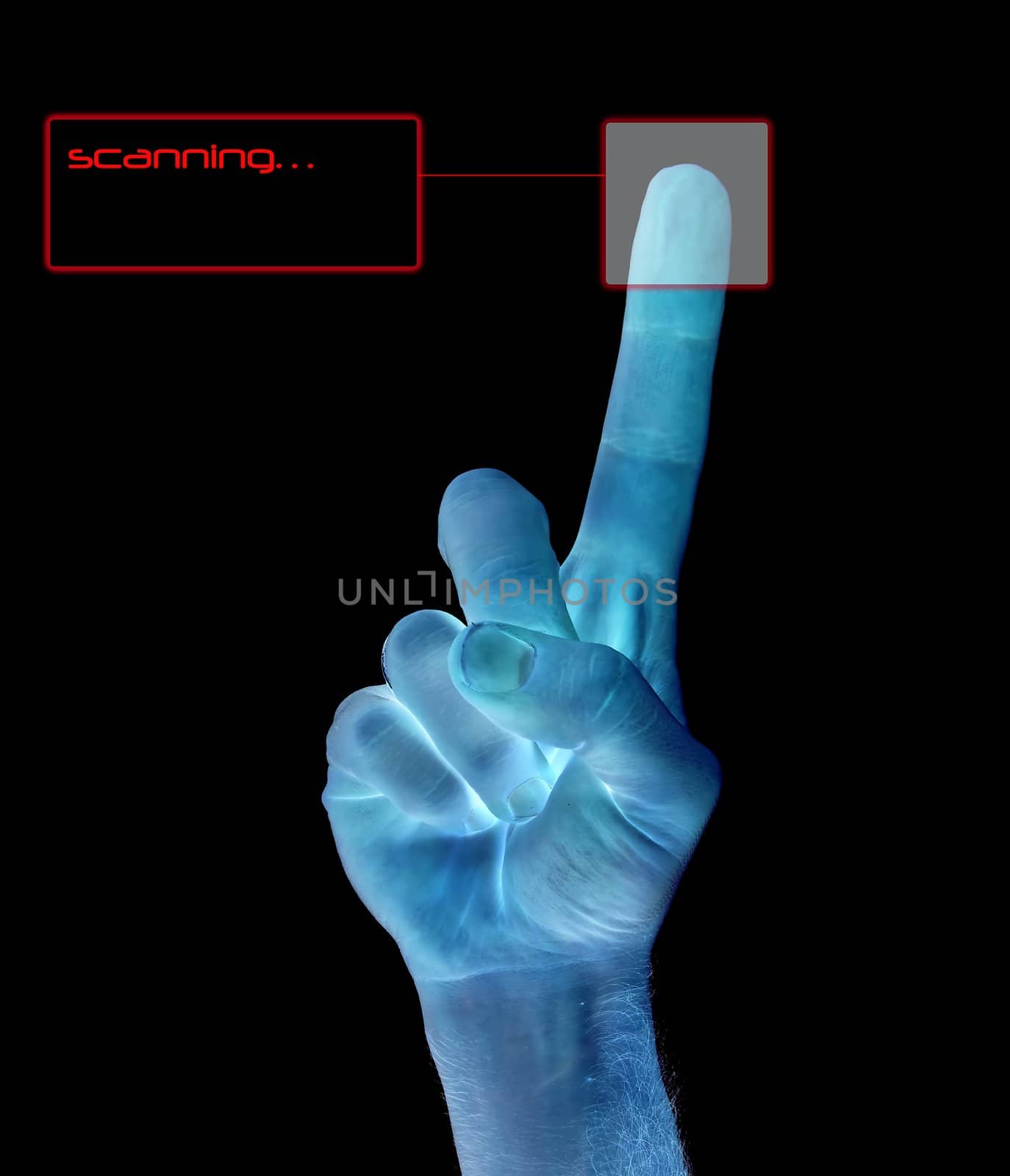 A single finger being held in the air on a mans hand being scanned for identity.