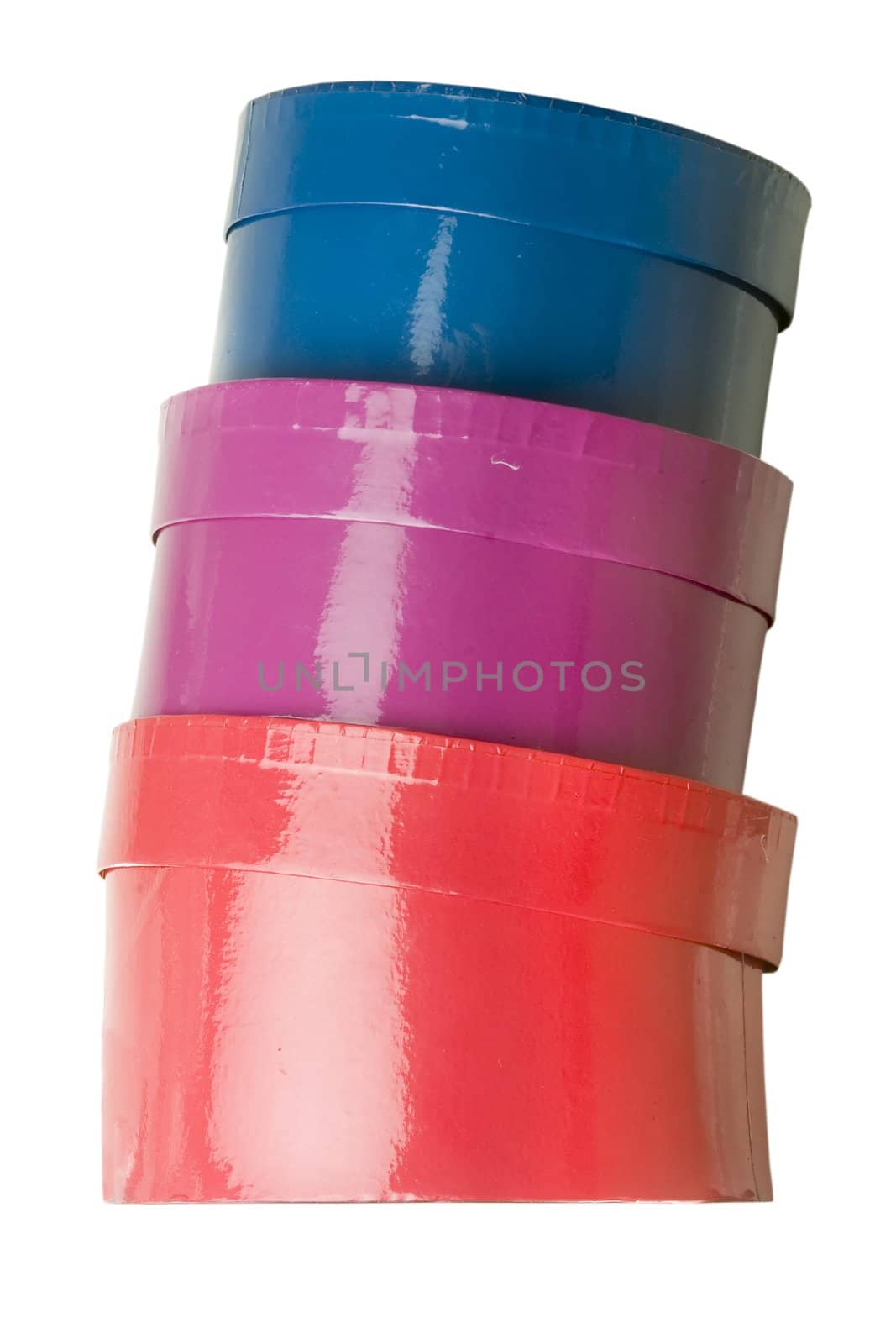 A stack of colourful round boxes.