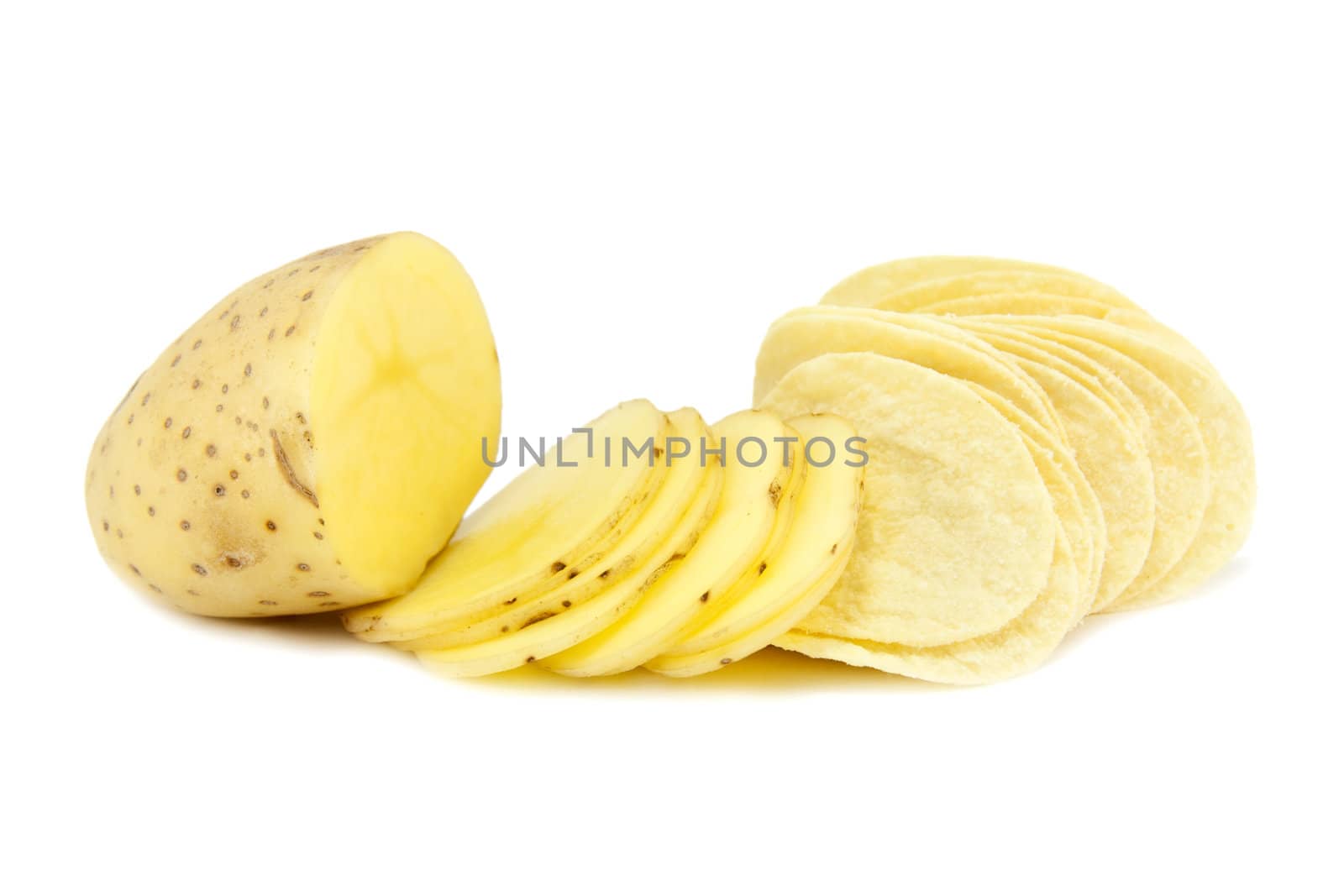 Sliced fresh Potatoes and chips / crisps isolated on a white background