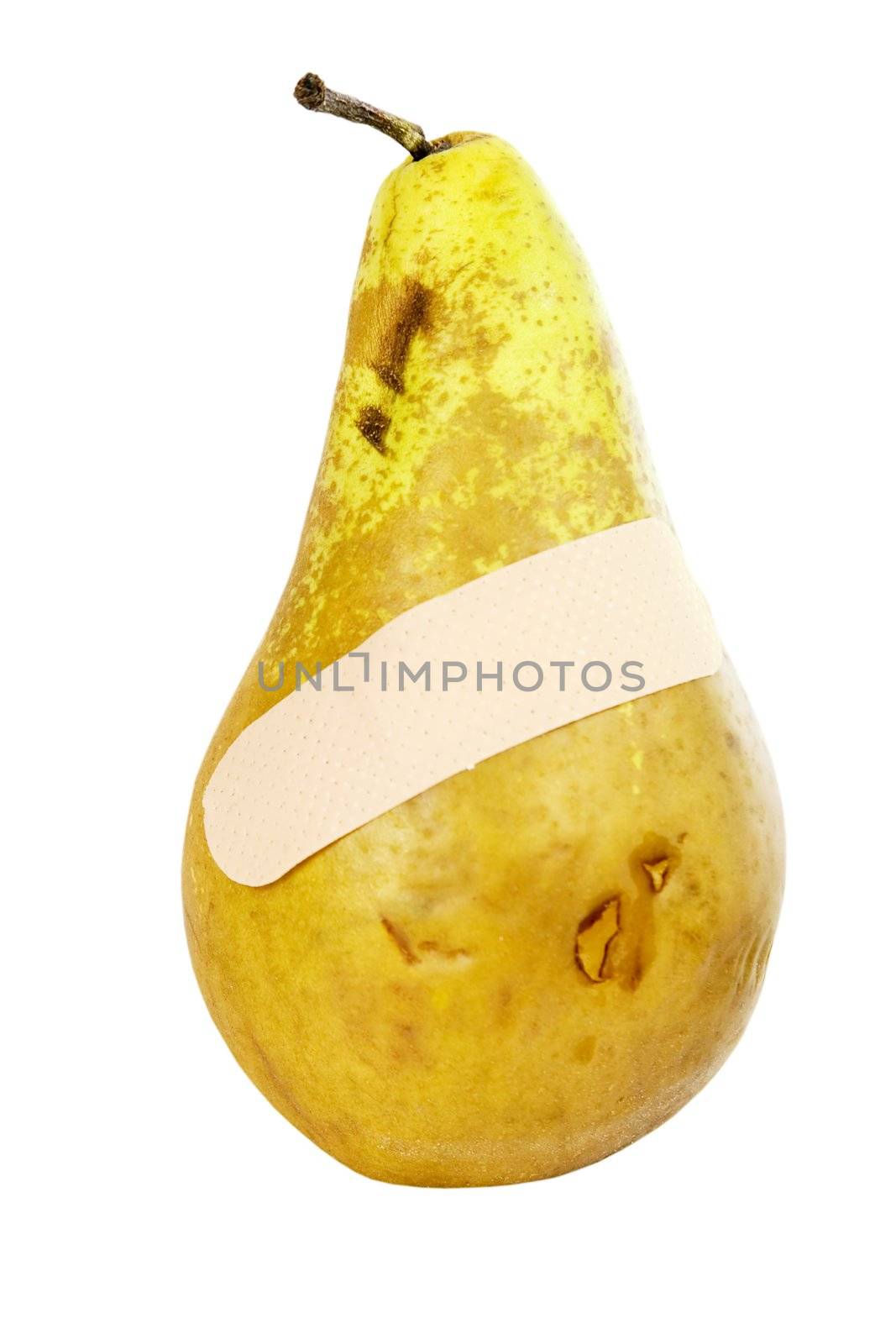 A bruised pair with an adhesive bandage on it. Isolated on white with clipping path.