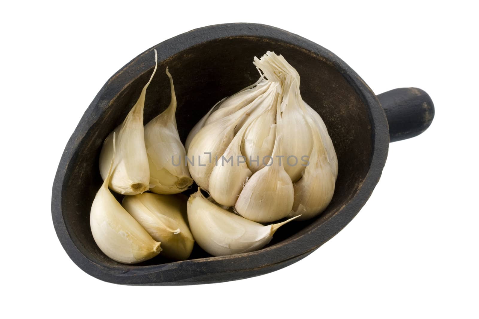 Garlic bulb and cloves on a primitive, wooden, dark painted, scoop, isolated with clipping path