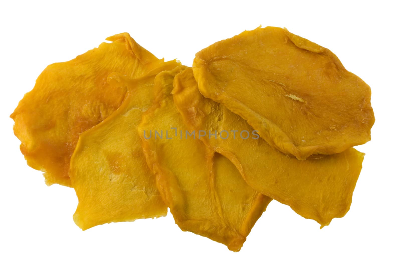 five slices of dried mango isolated with clipping path