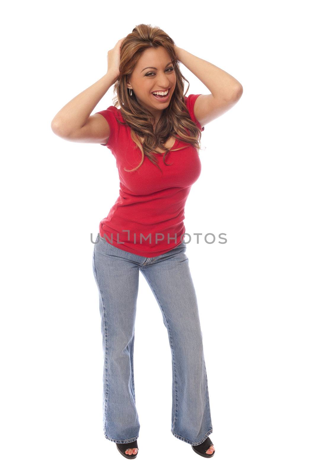 attractive young woman posing on a white background