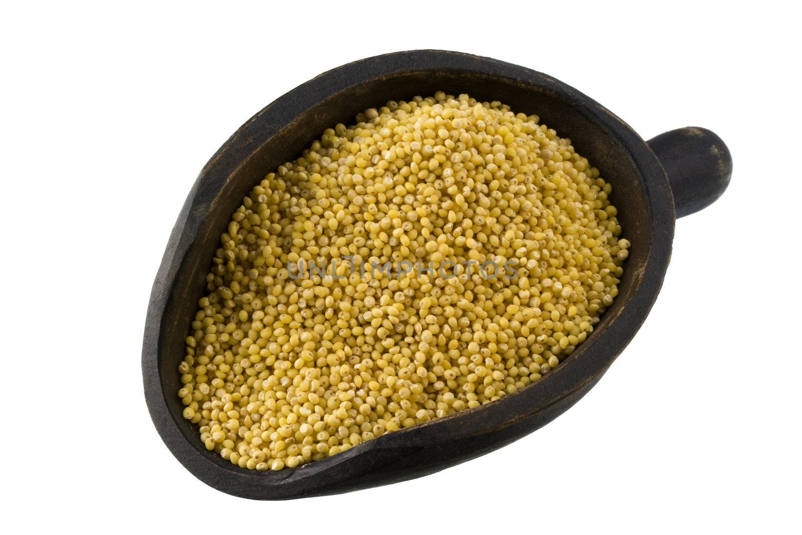 hulled millet on a primitive, wooden, dark painted scoop, isolated on white