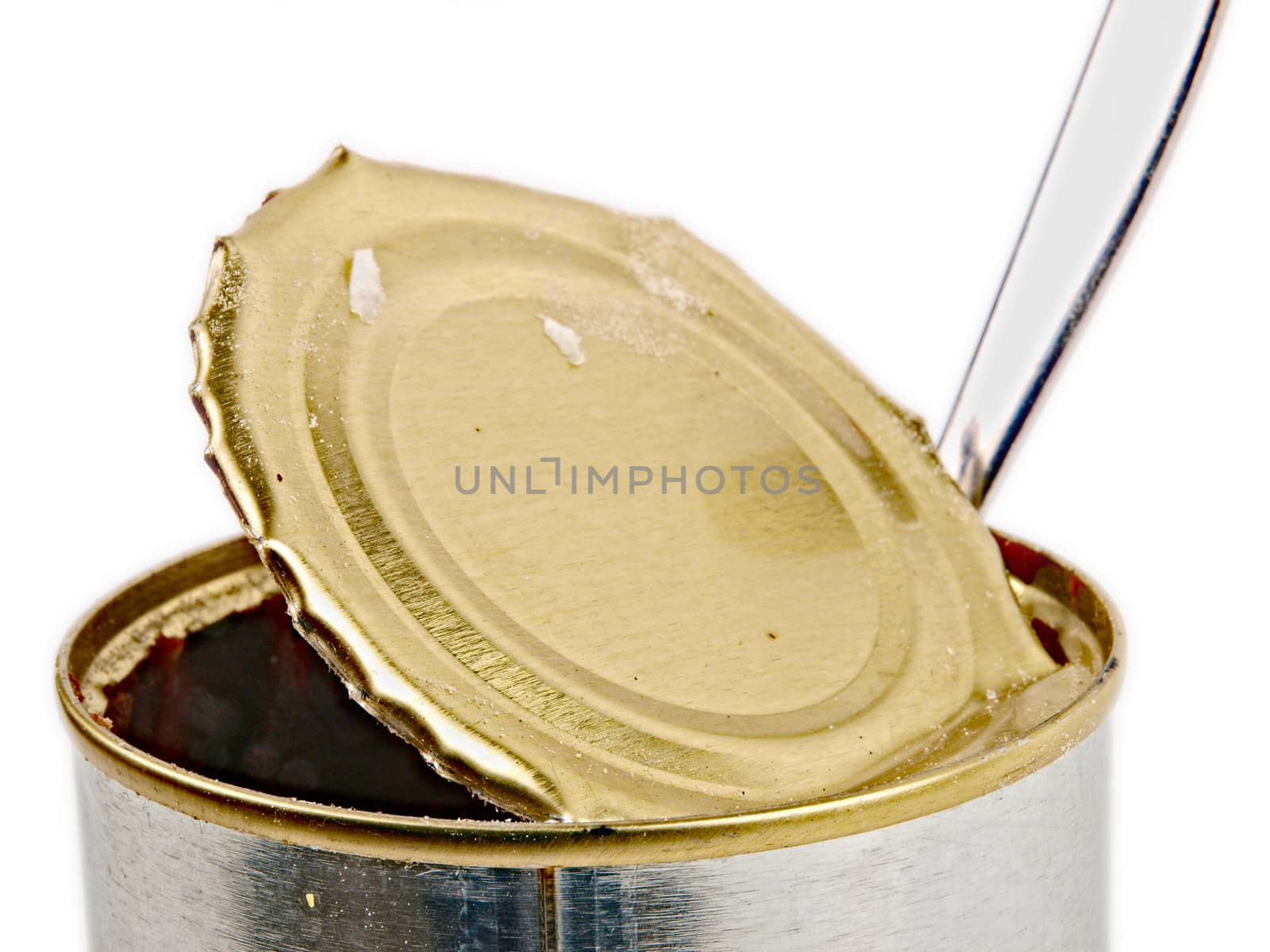 Empty tin can. Close up on white background