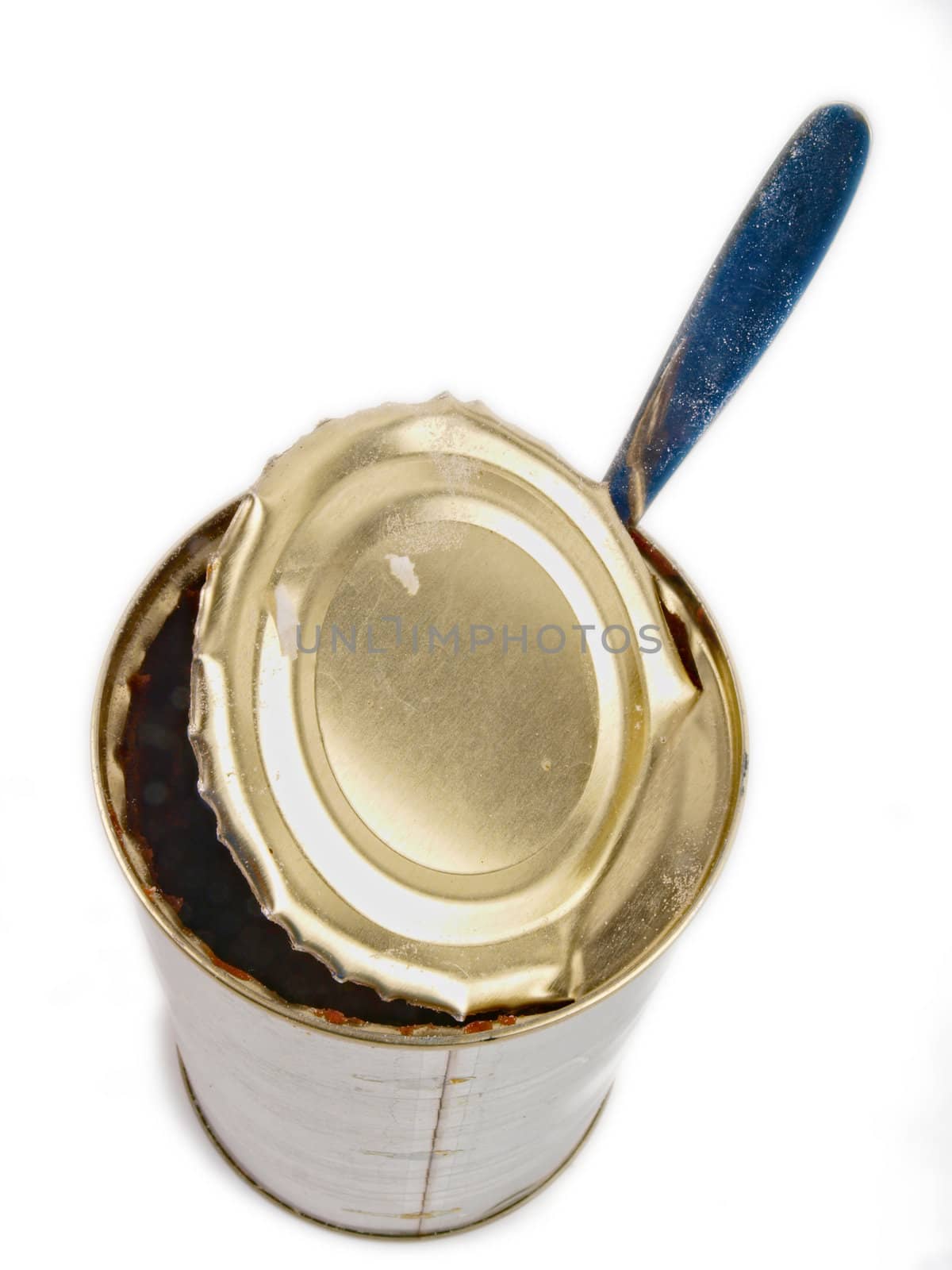 Empty tin can. Close up on white background