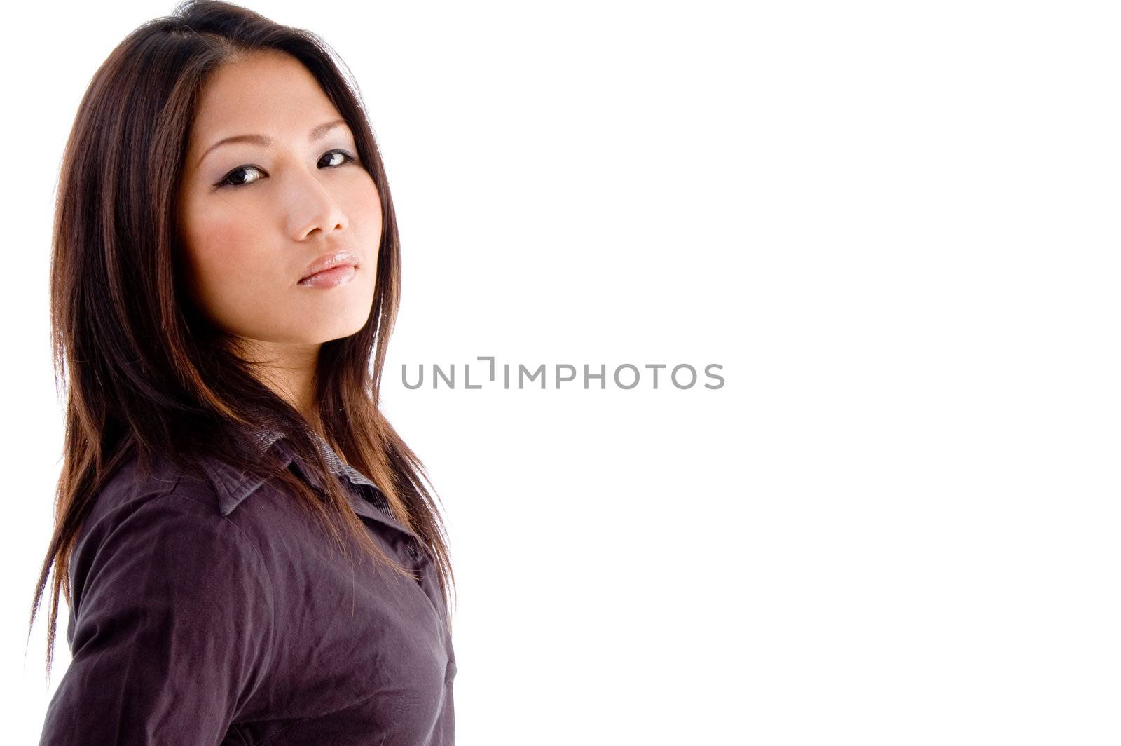 side view of young woman on an isolated background