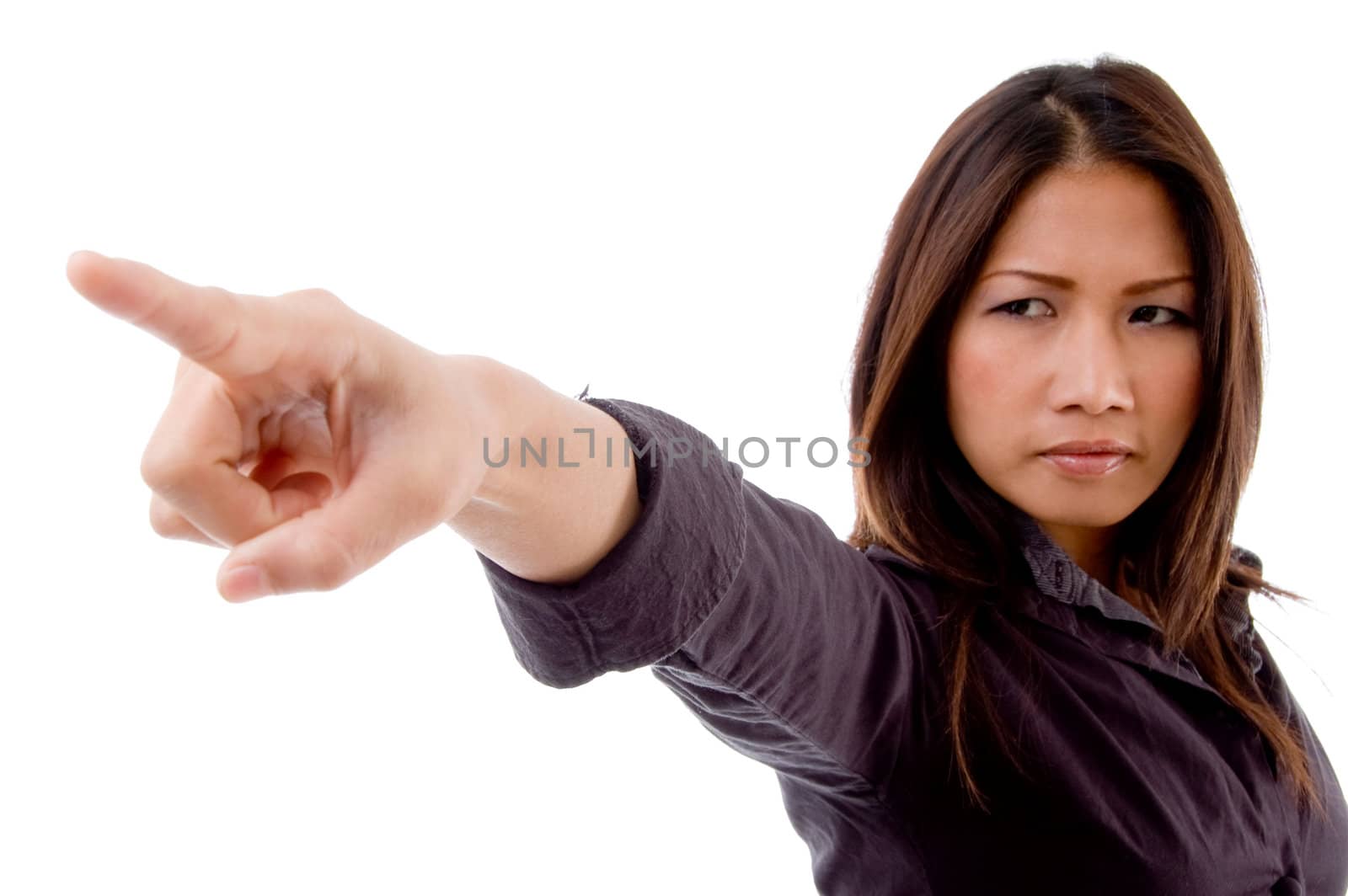 portrait of pointing woman on an isolated background