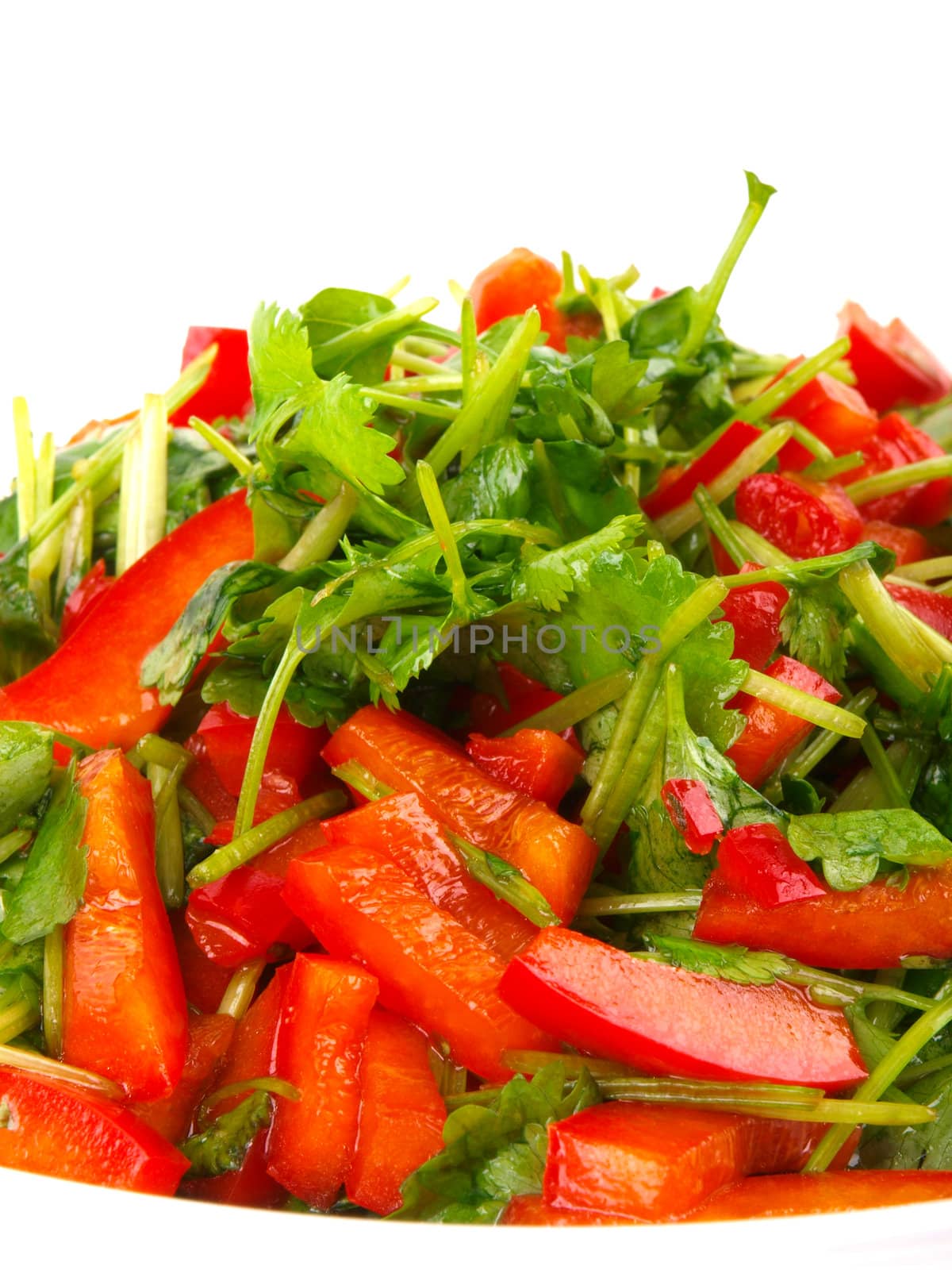 Fresh Coriander and sweet pepper salad. Close up 