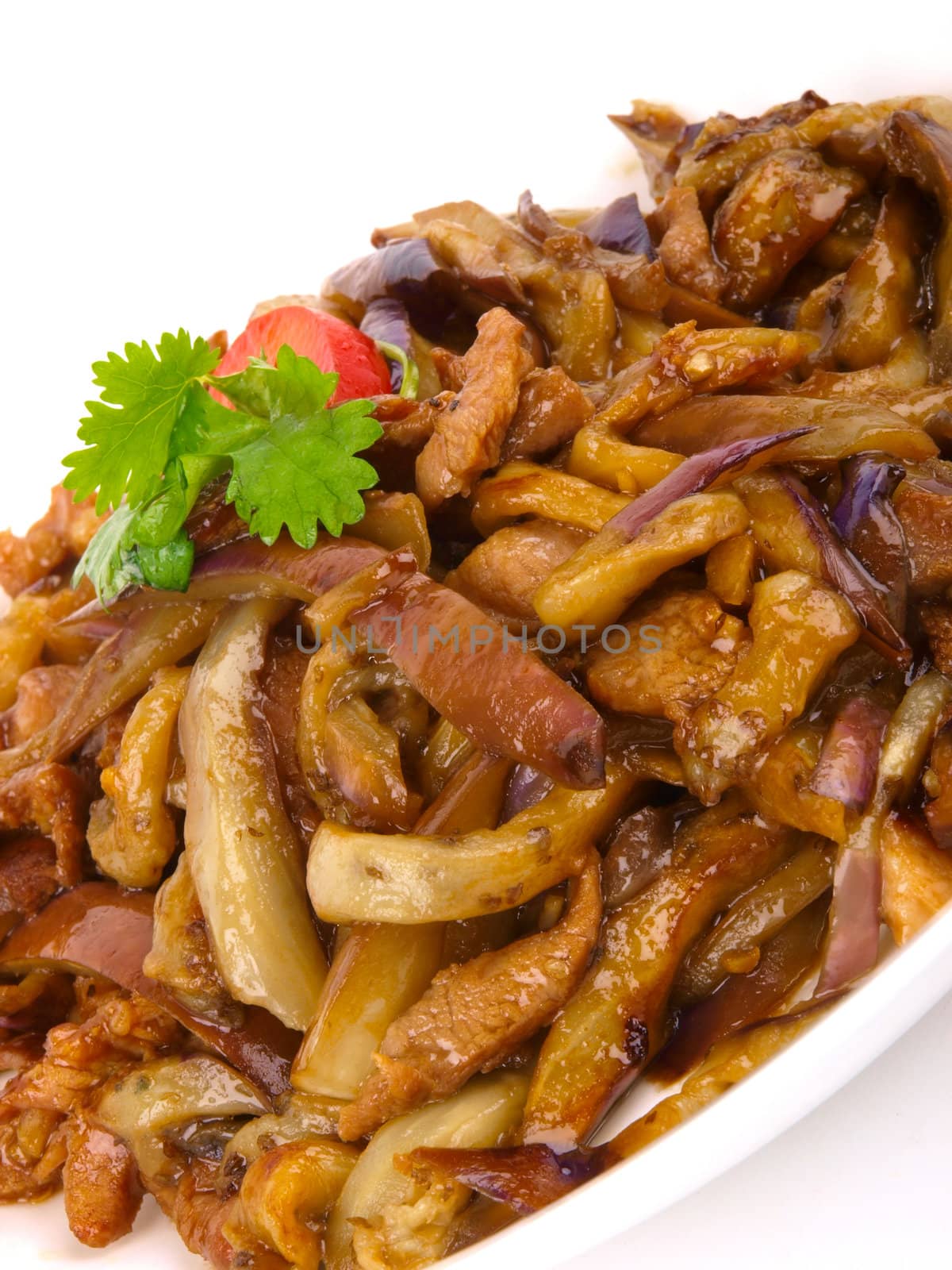 Chinese fried eggplant. Close up on white background by dotweb