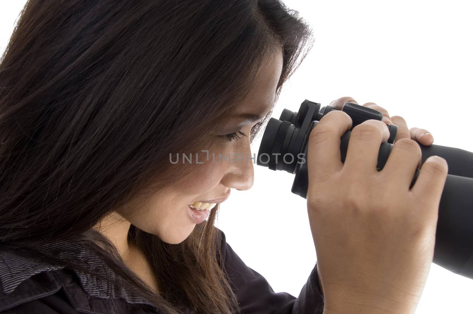 female looking through binocular on an isolated white background