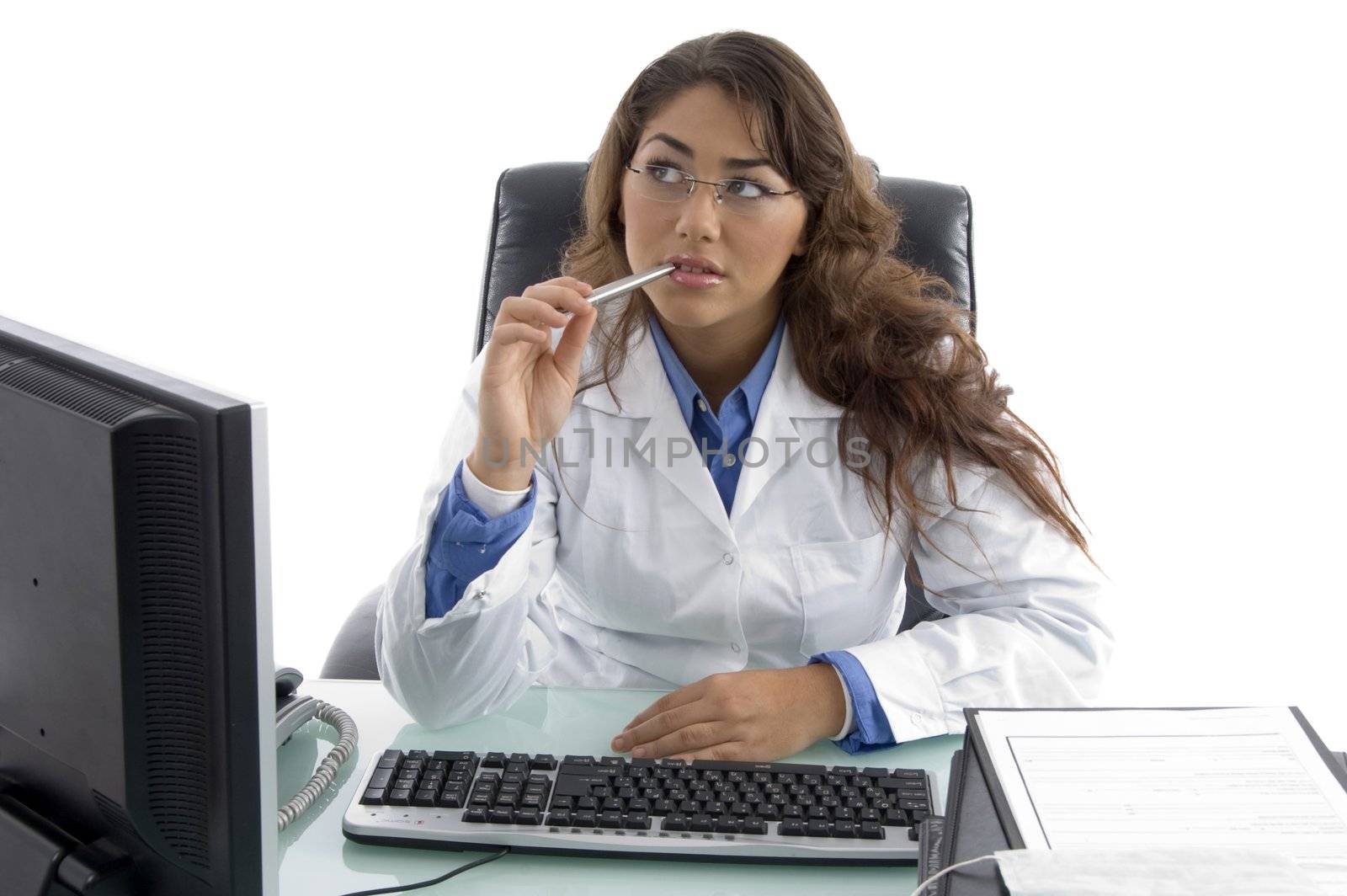 thinking young doctor with white background