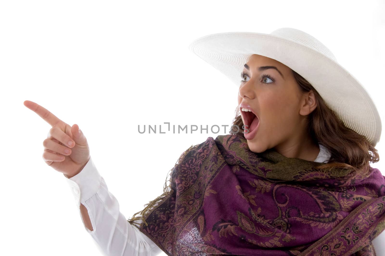 attractive female pointing on an isolated white background