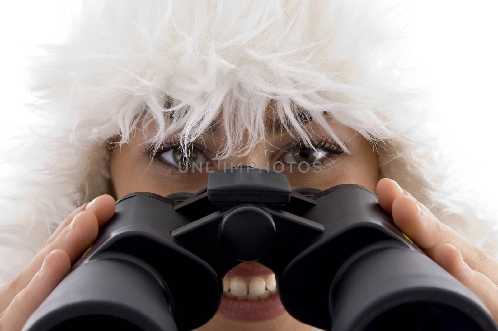 close up view of woman holding binocular  with white background