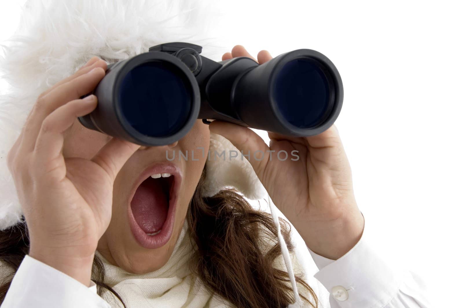 beautiful woman looking through binocular on an isolated white background