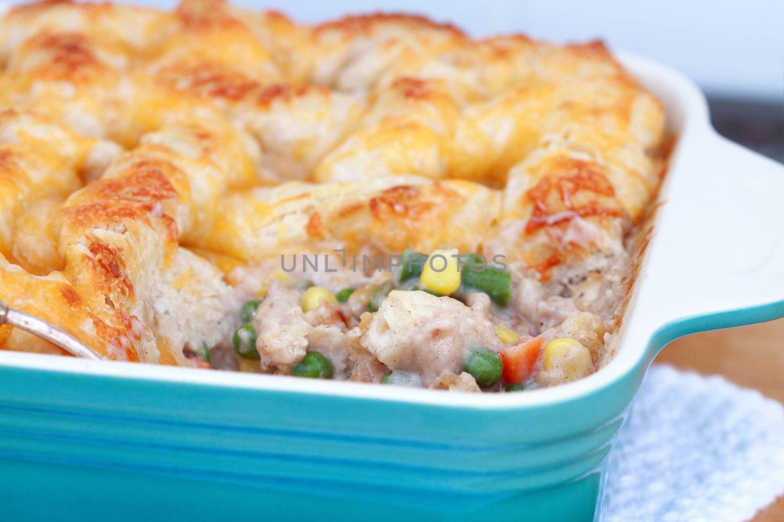 Chicken pot pie with ingredients showing. Shallow DOF.