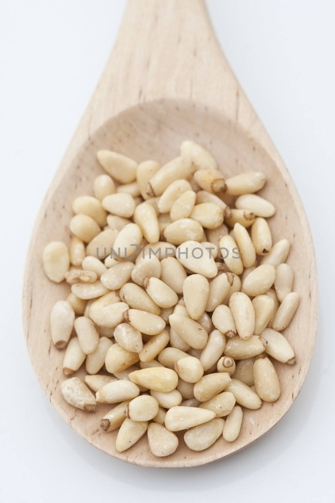 Pine nuts in a wooden spoon on a light background with light shadow and reflection. 
