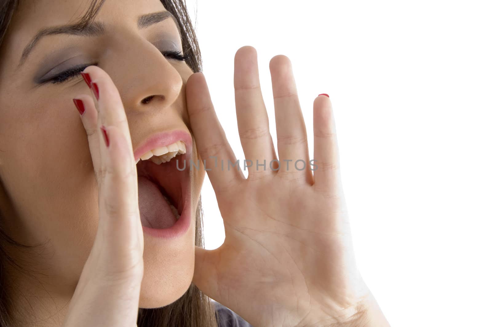 beautiful female shouting with white background