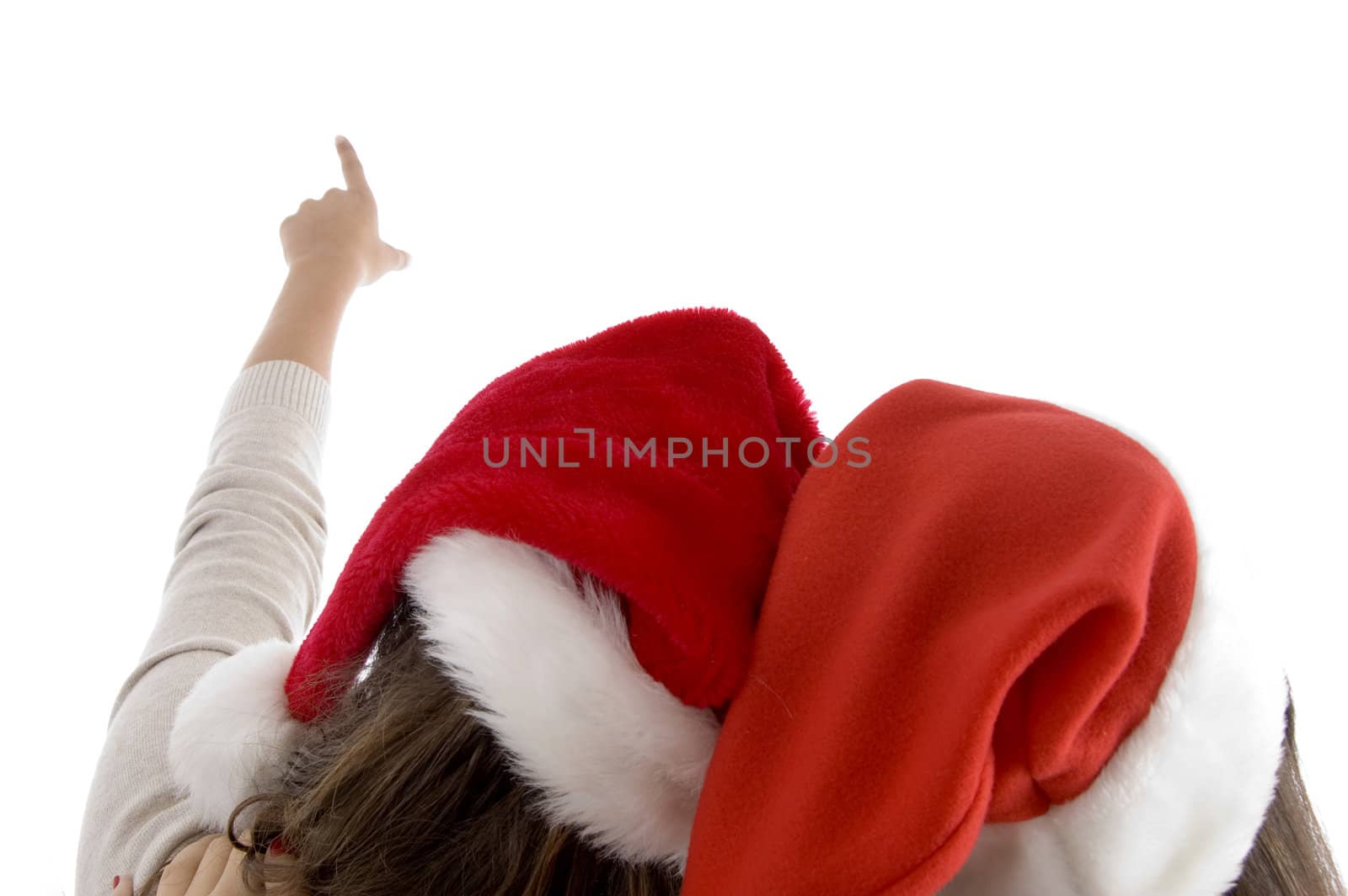 female heads wearing christmas hats against white background