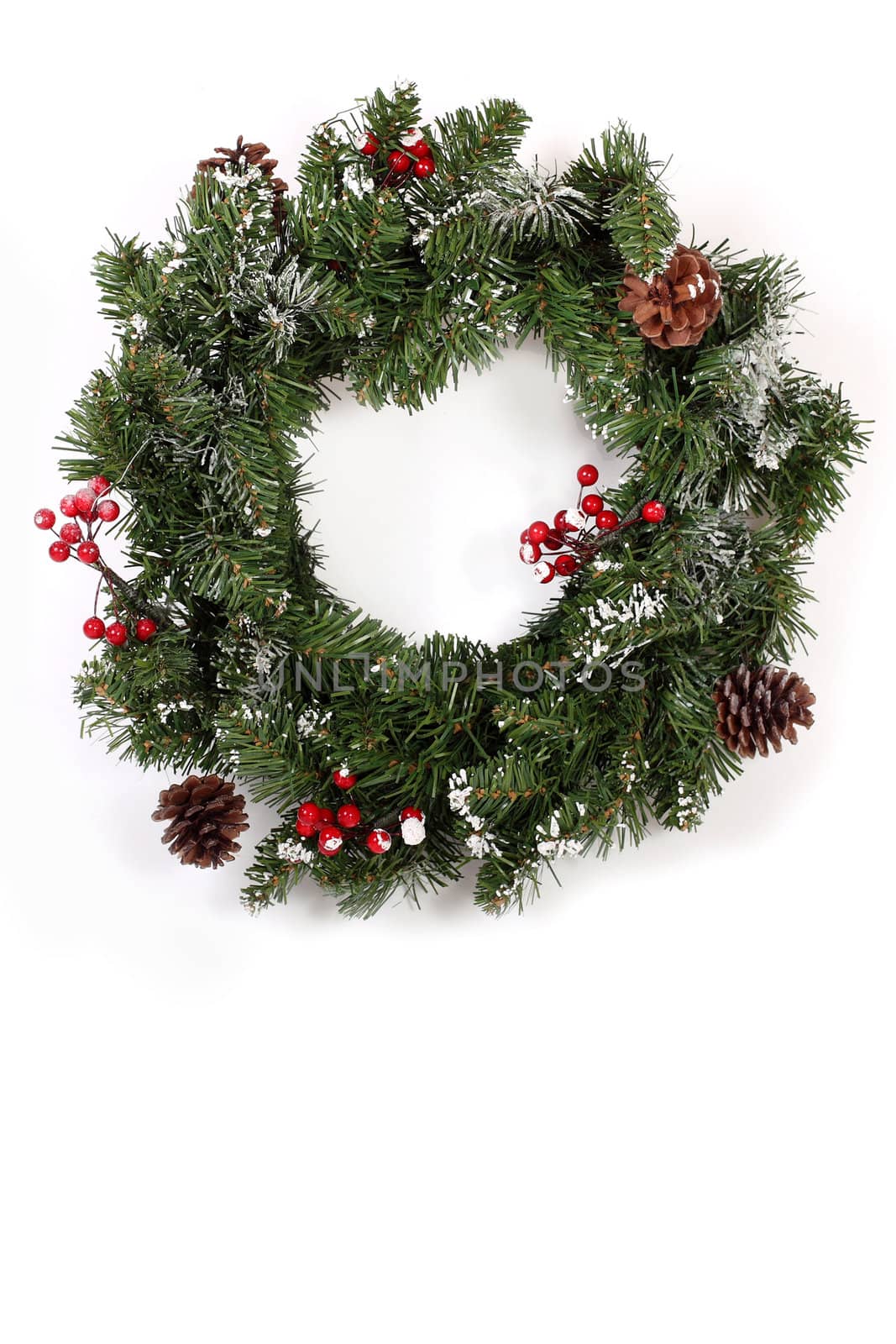 Holiday wreath christmas with red berries and Cones